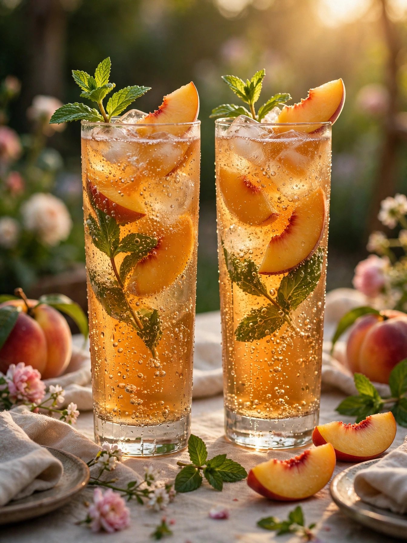 Sparkling peach iced tea in tall glasses with peach slices, mint and fizzy bubbles