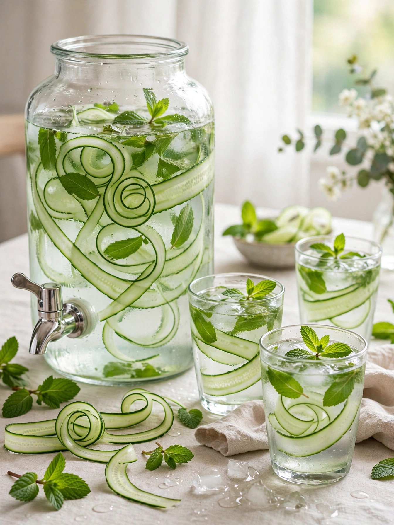 Cucumber mint infused water in a glass dispenser and glasses with cucumber ribbons and mint
