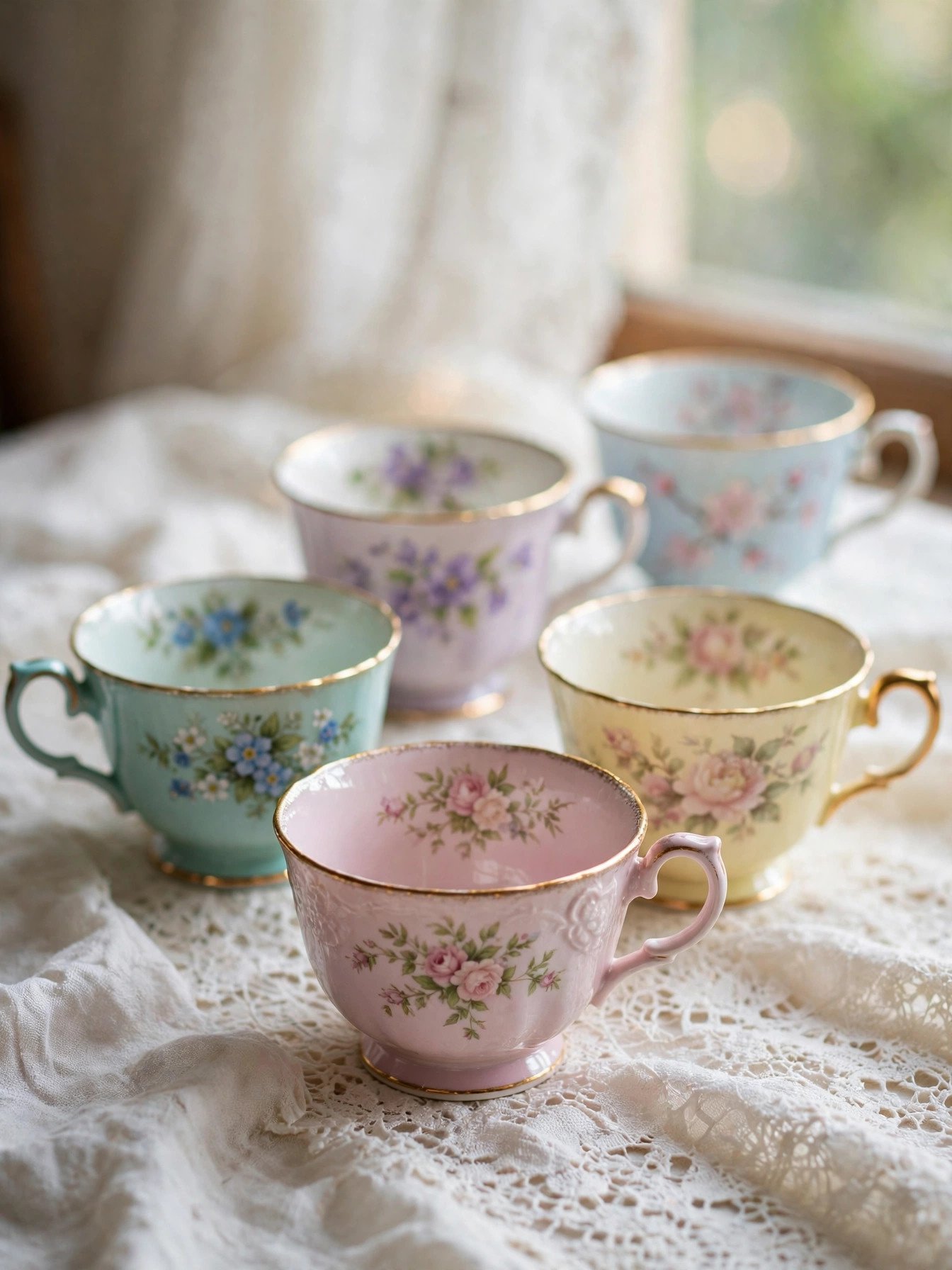 Mismatched vintage china teacups with floral patterns on a lace tablecloth