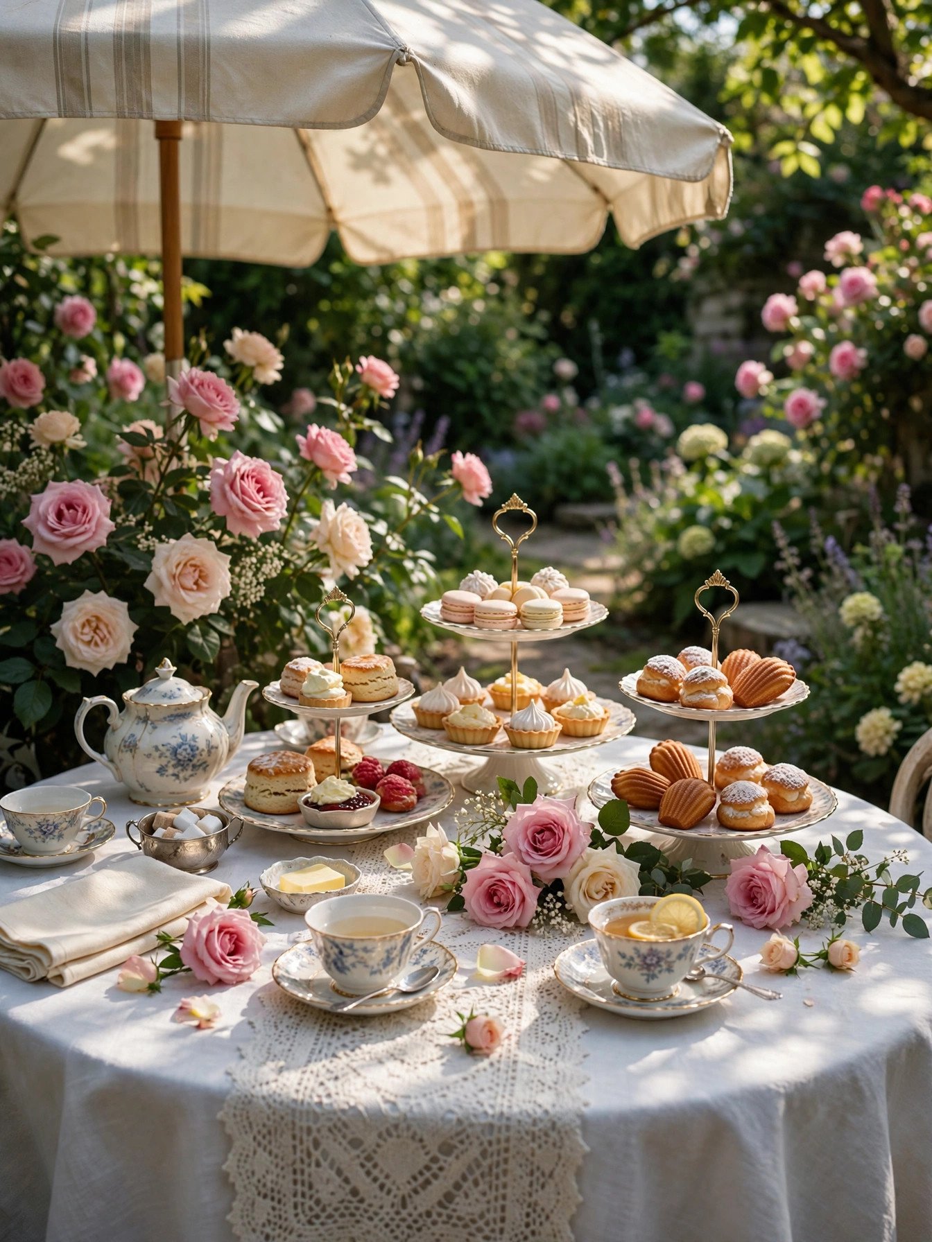 Tea party table set in a blooming garden with lace runners and tiered dessert stands