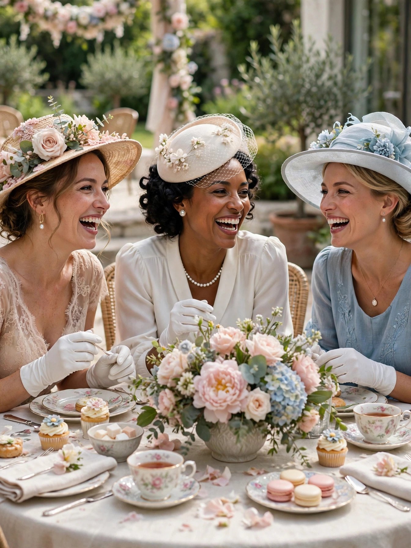 Bridal shower guests wearing elegant hats and gloves at a tea party table