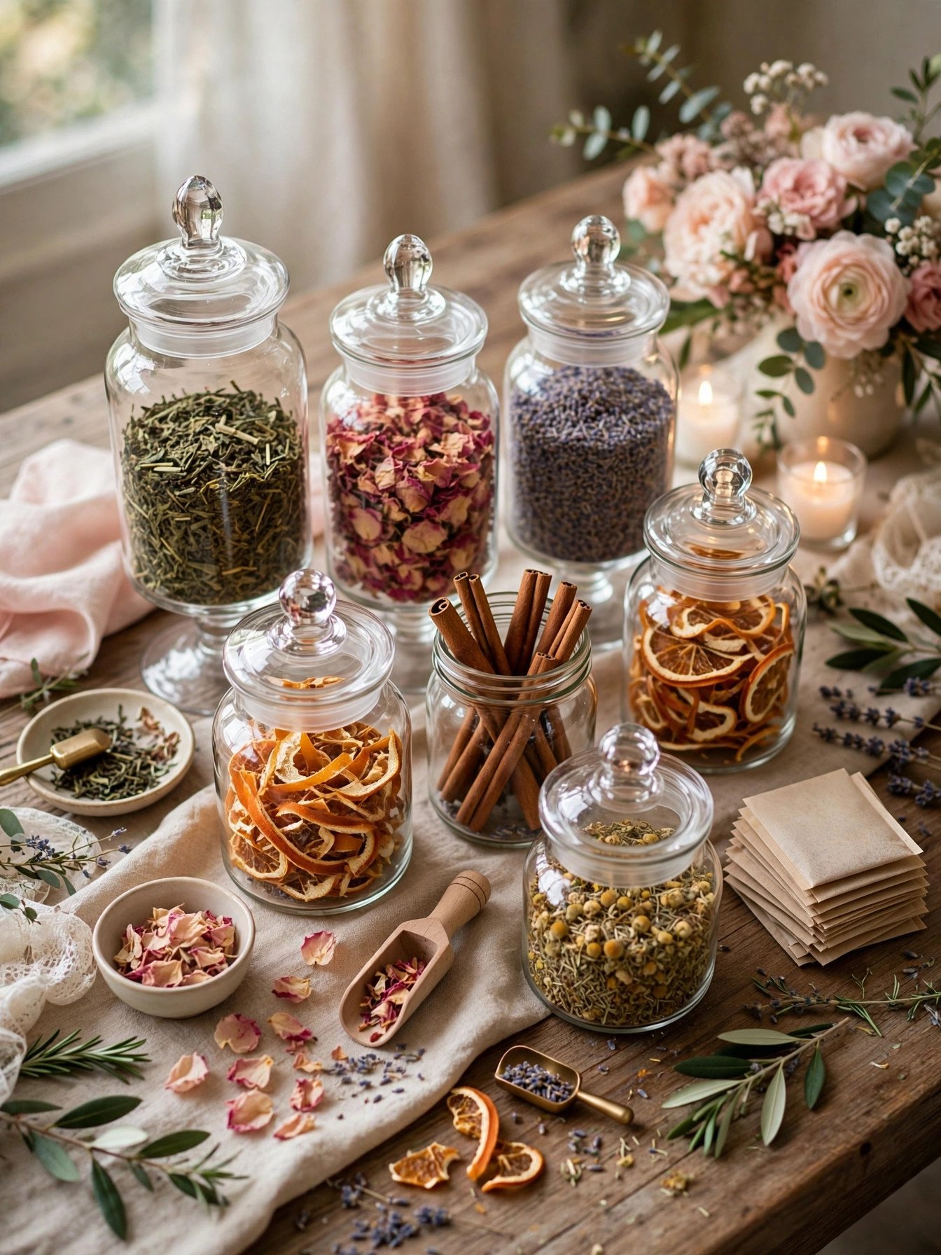 DIY tea blending station with glass jars of loose-leaf teas, dried flowers and herbs
