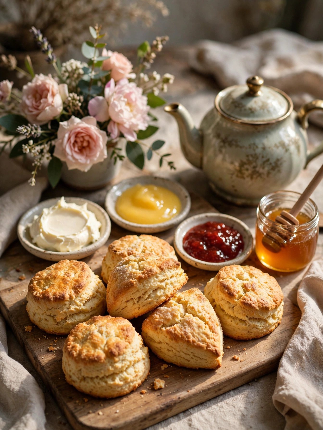 Scone bar with fresh scones, clotted cream, jams and lemon curd in pretty dishes