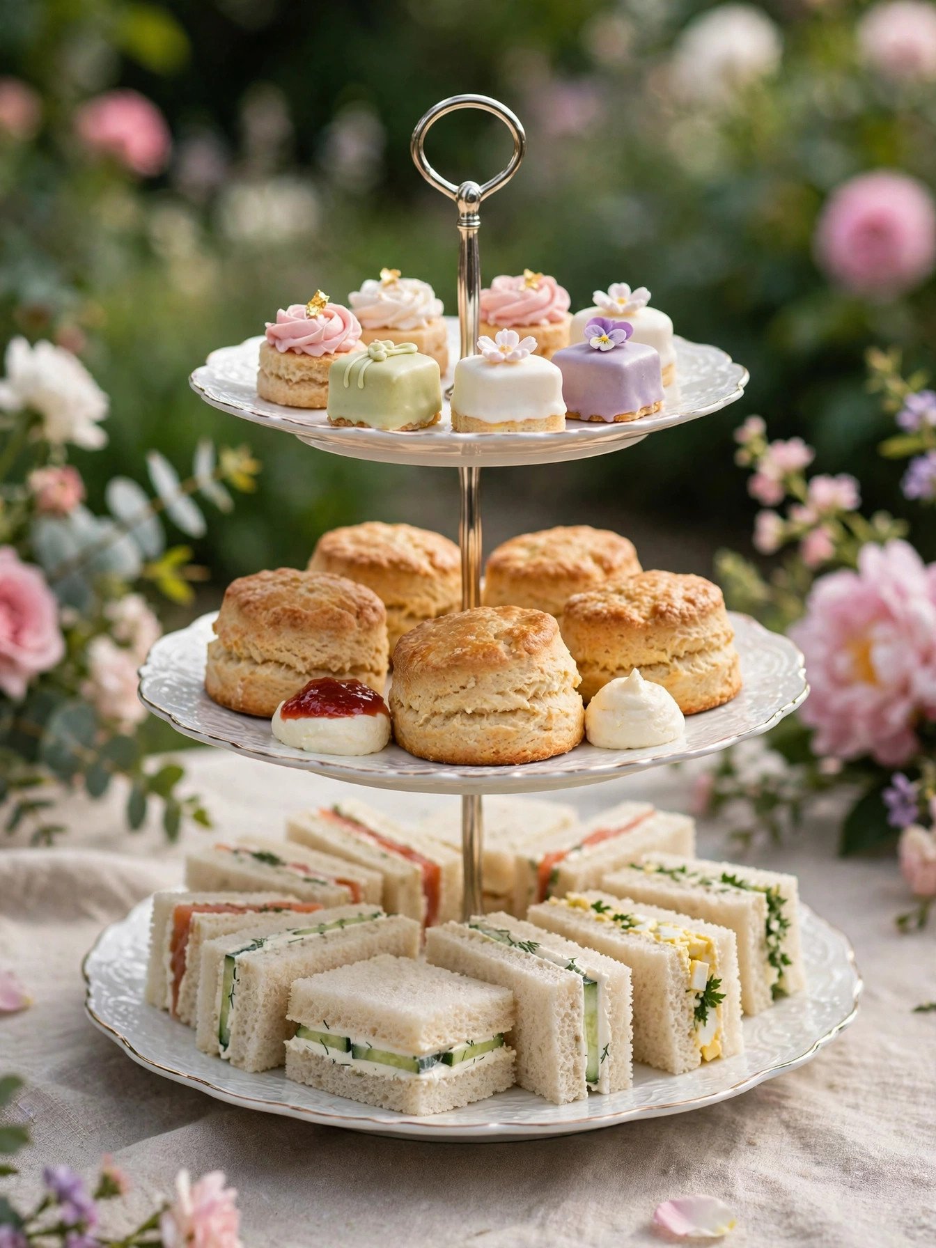 Three-tiered stand stacked with dainty finger sandwiches and tea treats