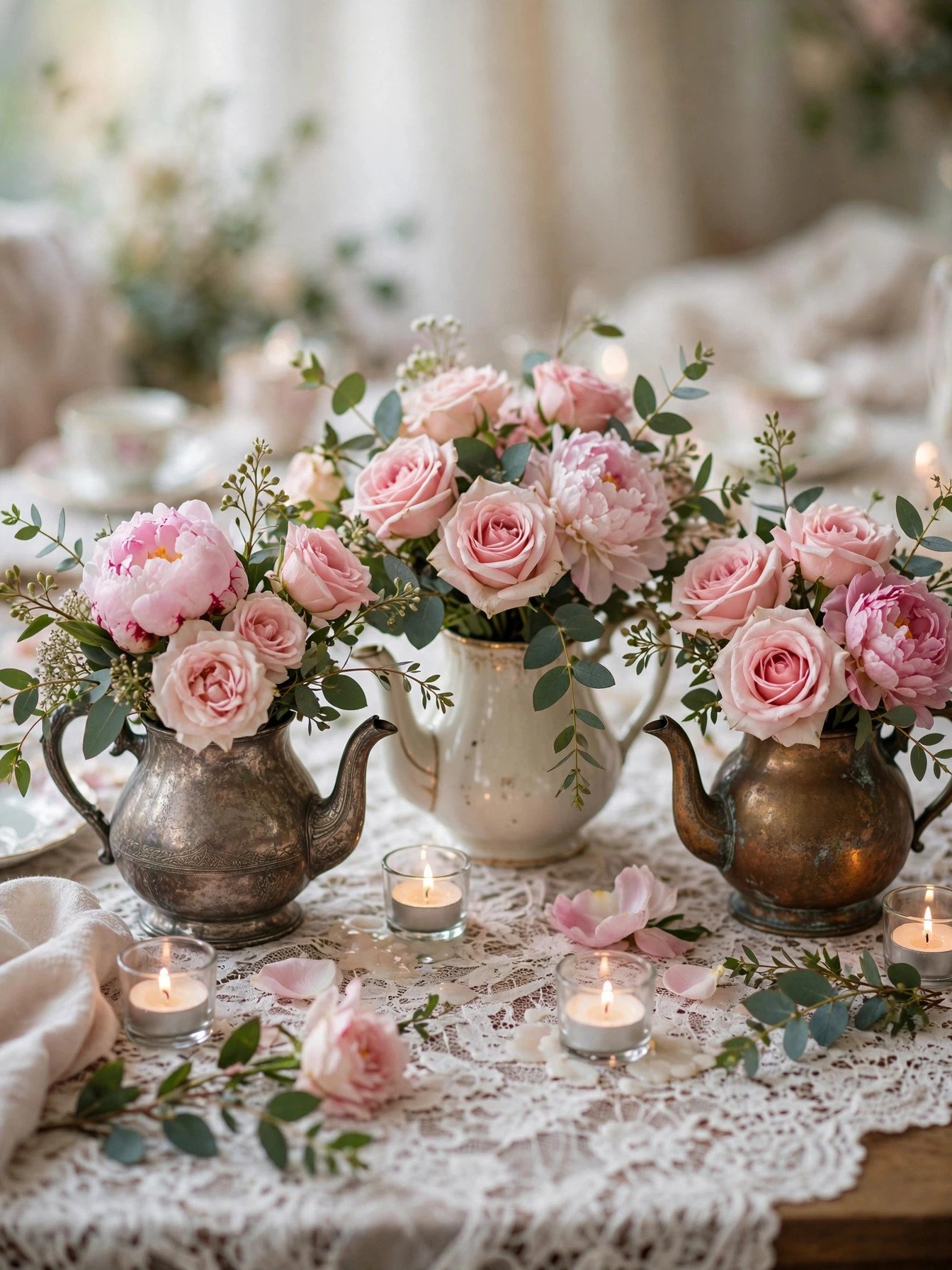 Vintage teapots filled with fresh flowers as bridal shower table centerpieces