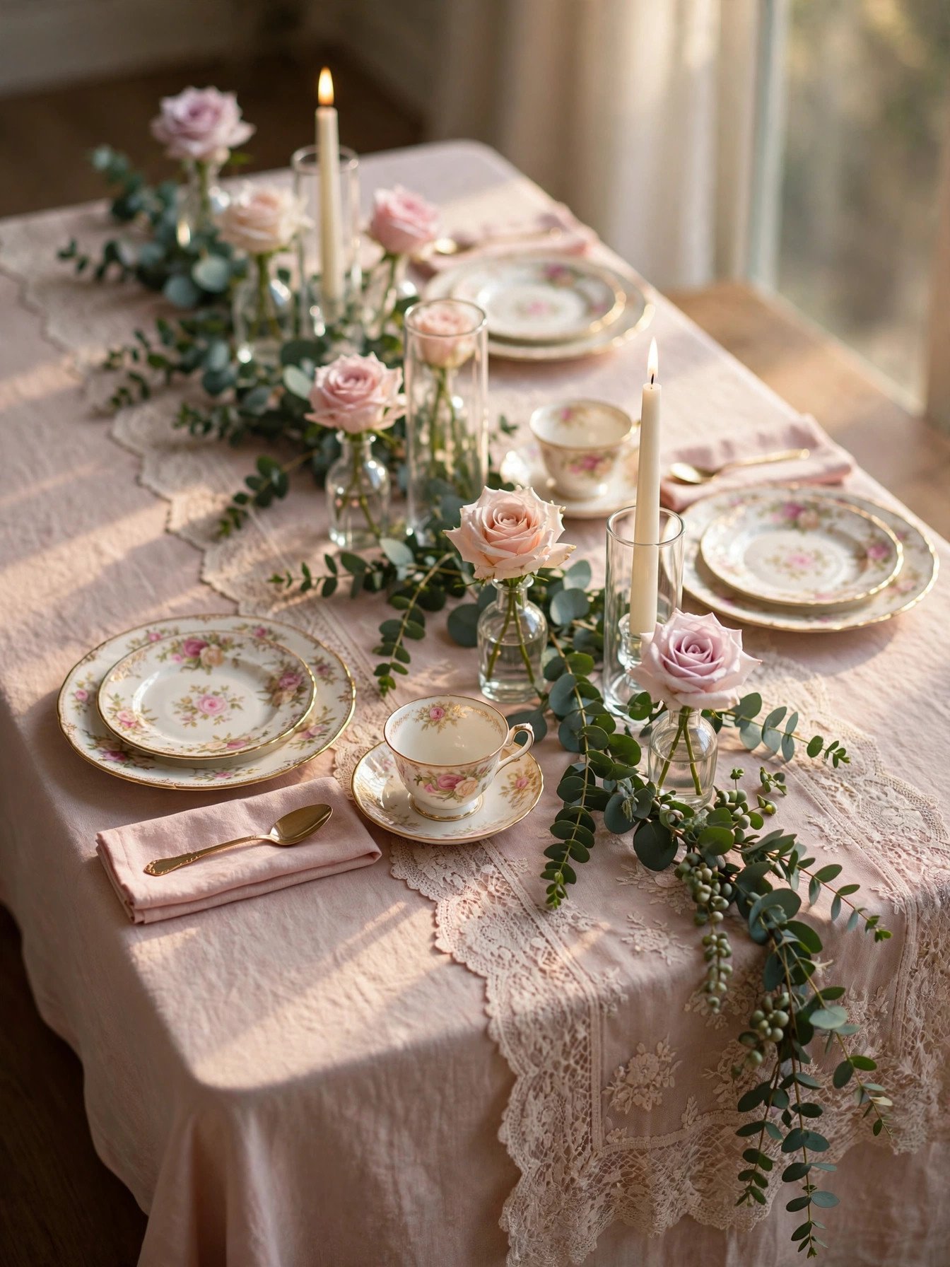 Elegant tea party tablescape with pastel florals, lace runner and vintage china