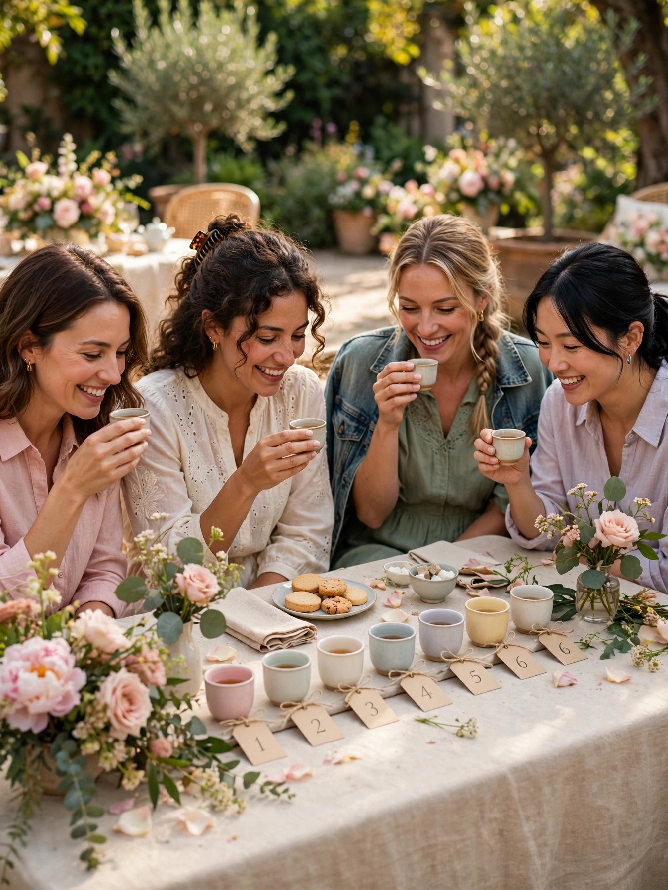 Bridal shower guests playing a blind tea tasting game at a tea party