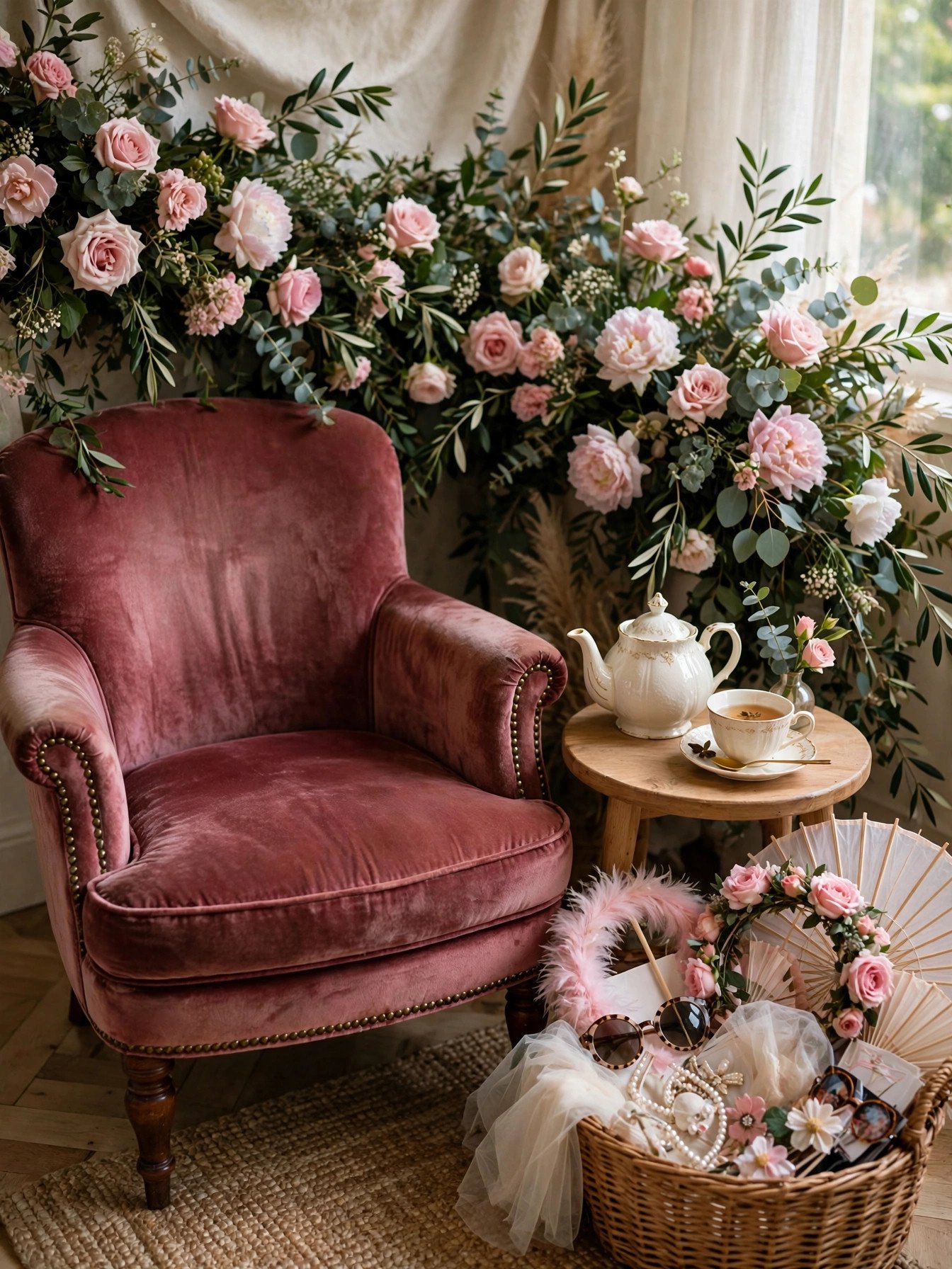 Tea party photo corner with vintage armchair, teapot props and floral backdrop