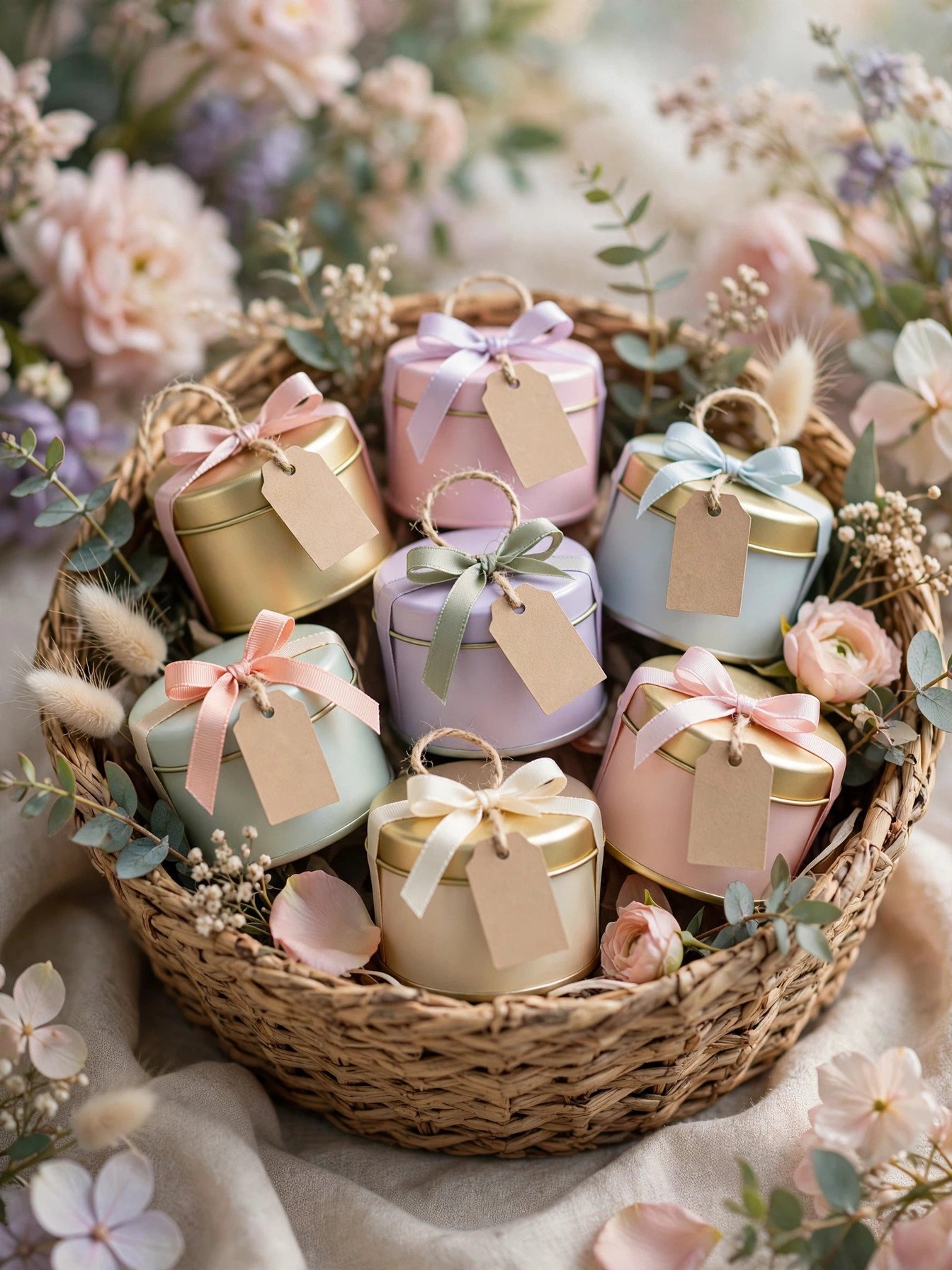 Pretty tea tins with custom labels as bridal shower favors