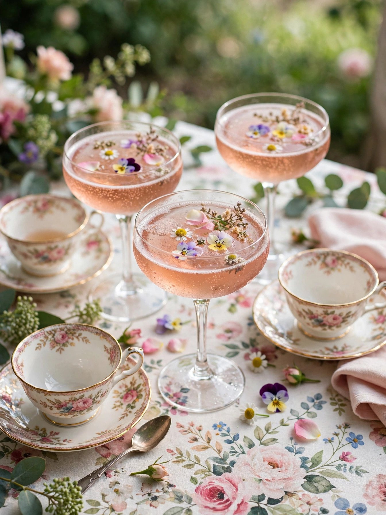 Signature tea cocktail with edible flowers served in teacups at a bridal shower