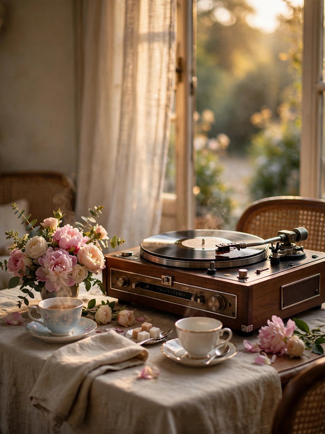 Vinyl record player with soft afternoon light at an elegant tea party