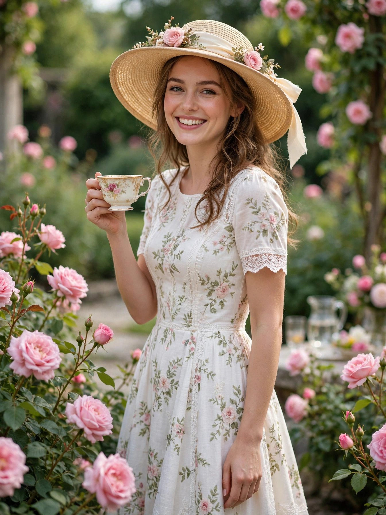 Bride in a white floral tea dress with a wide-brim hat holding a teacup
