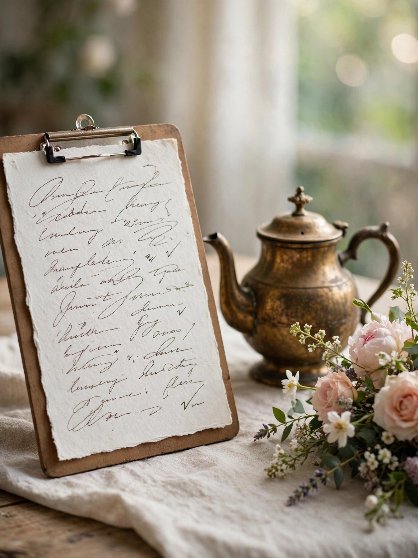 Elegant handwritten party timeline card beside a teapot and flowers