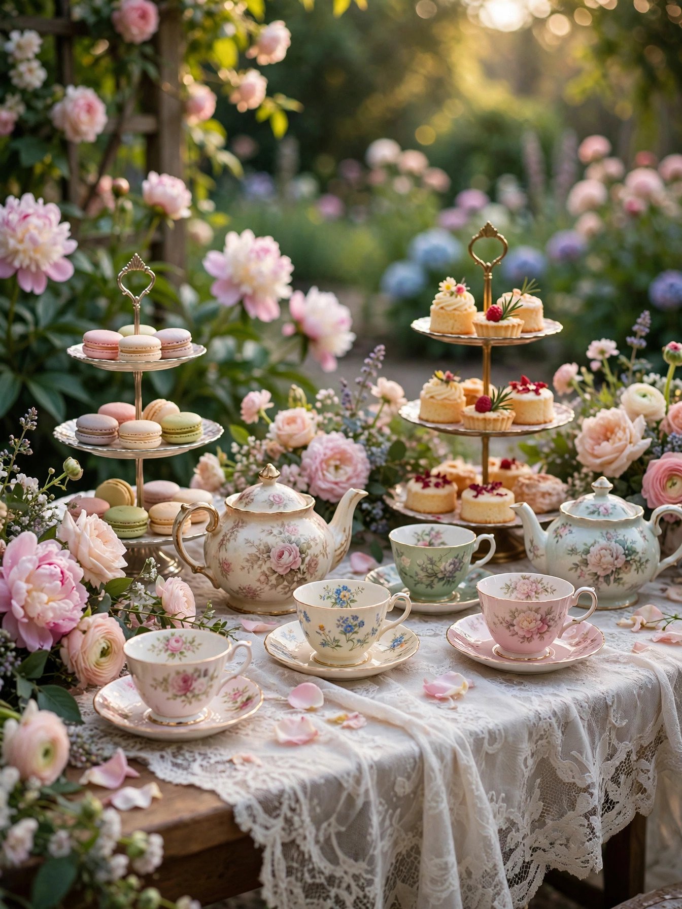 Elegant tea party bridal shower table with vintage china teacups, tiered dessert stands and pastel florals