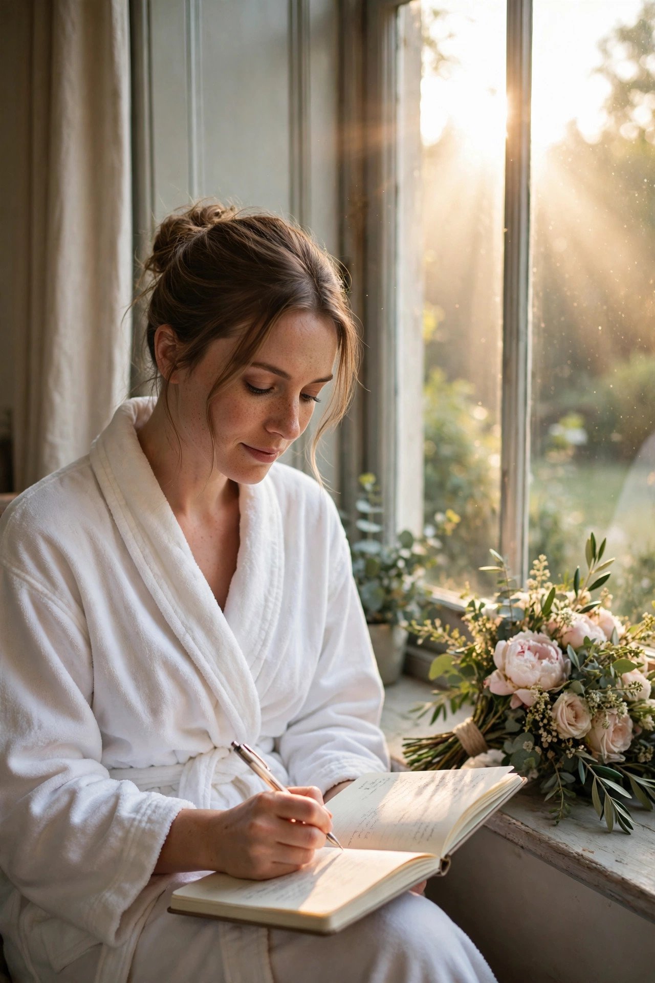 Bride journaling peacefully by a sunny window in her robe on the wedding morning