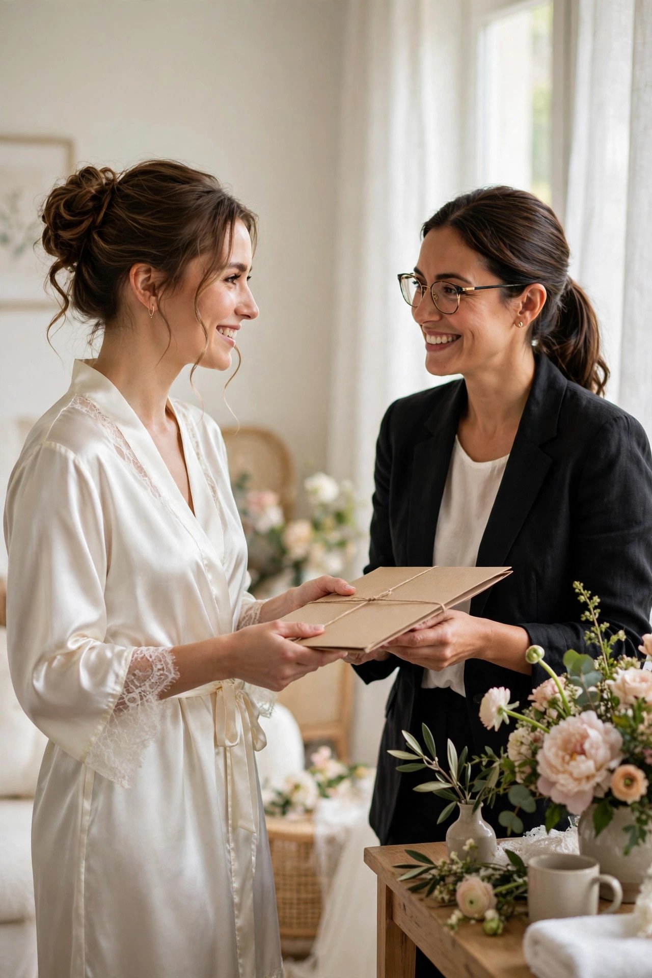 Bride handing a wedding day folder to her coordinator in a bright getting-ready room