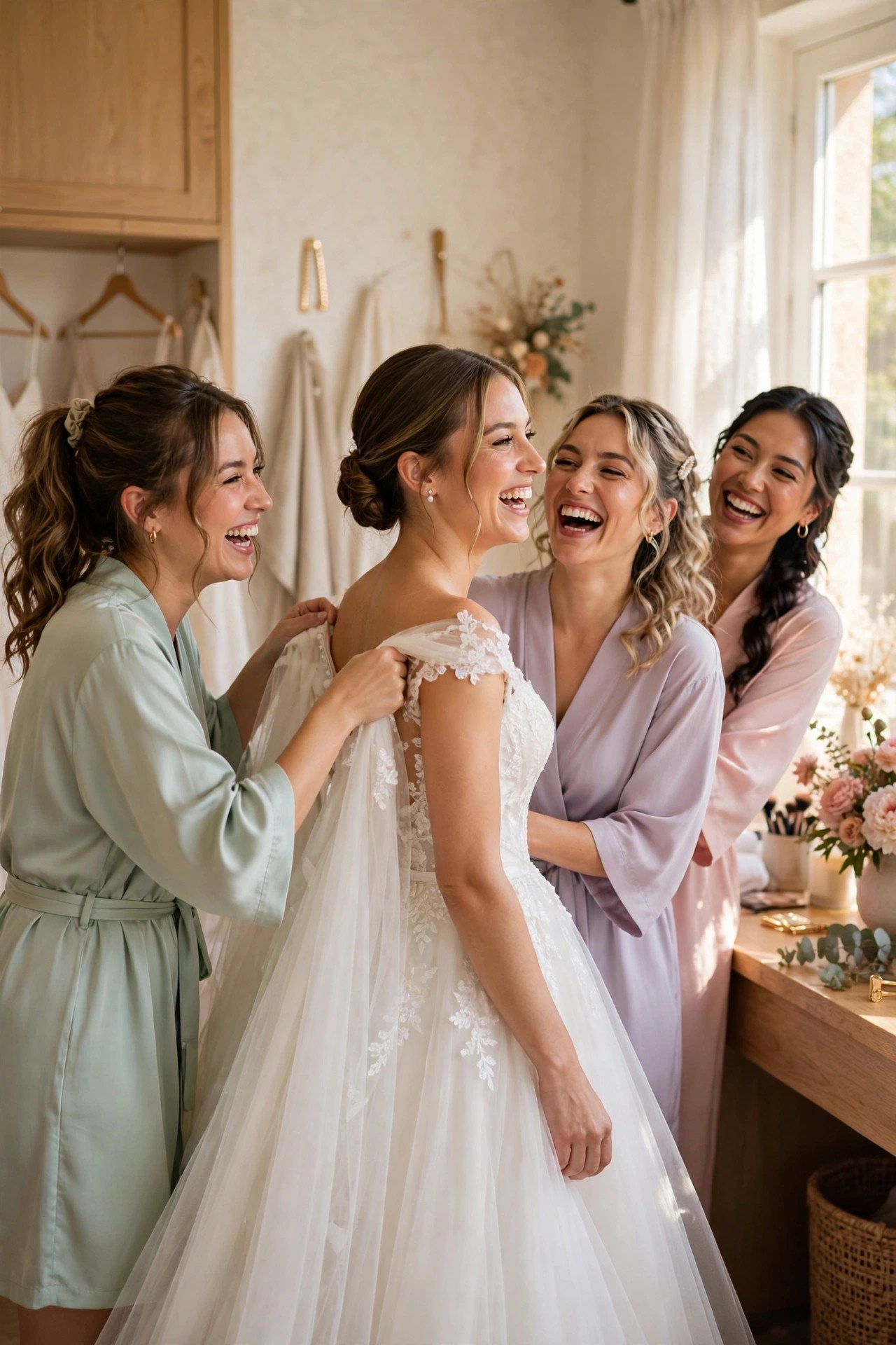 Joyful bridesmaids helping the bride into her dress, laughing together