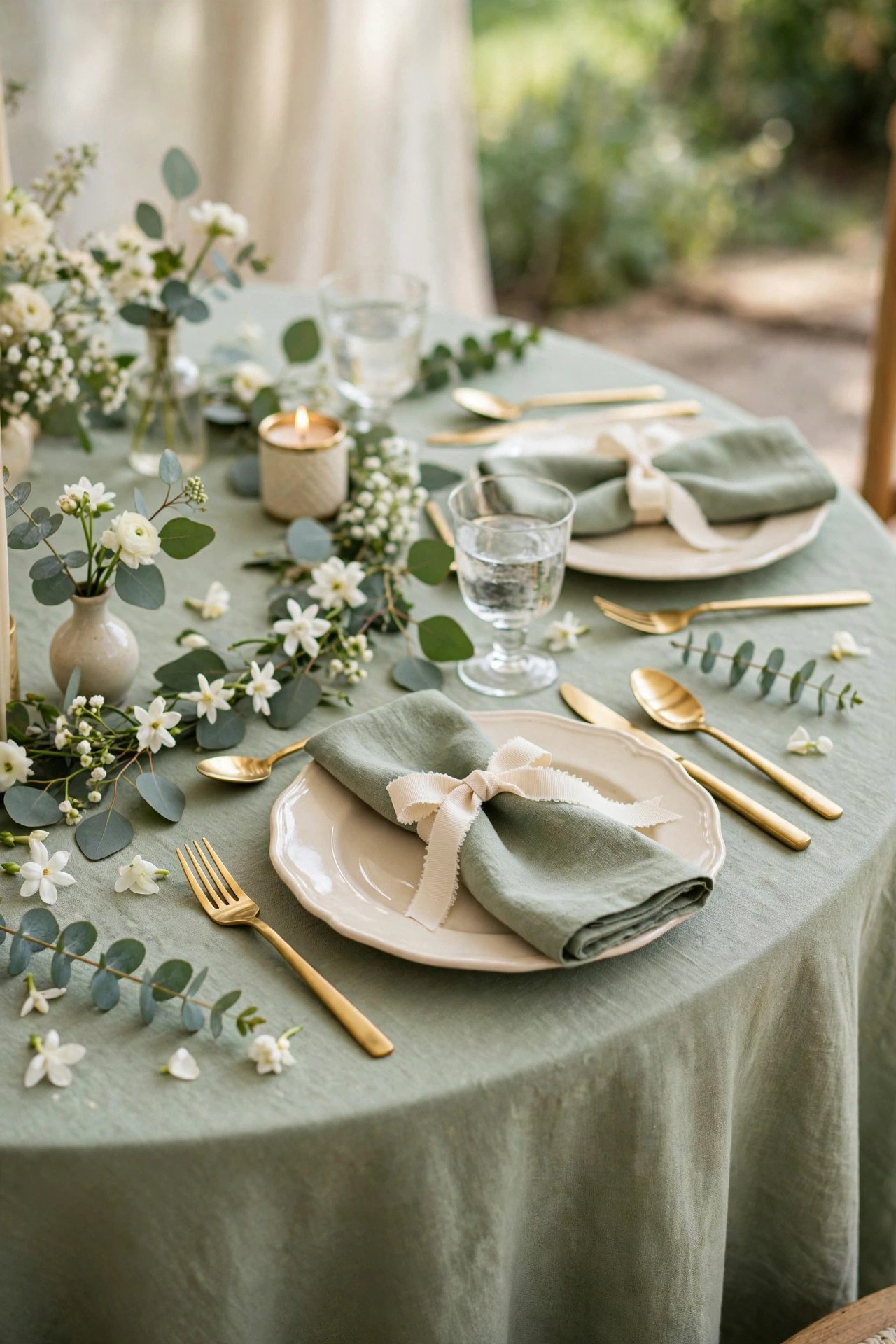 Sage green and cream bridal shower tablescape with sage linens and cream roses