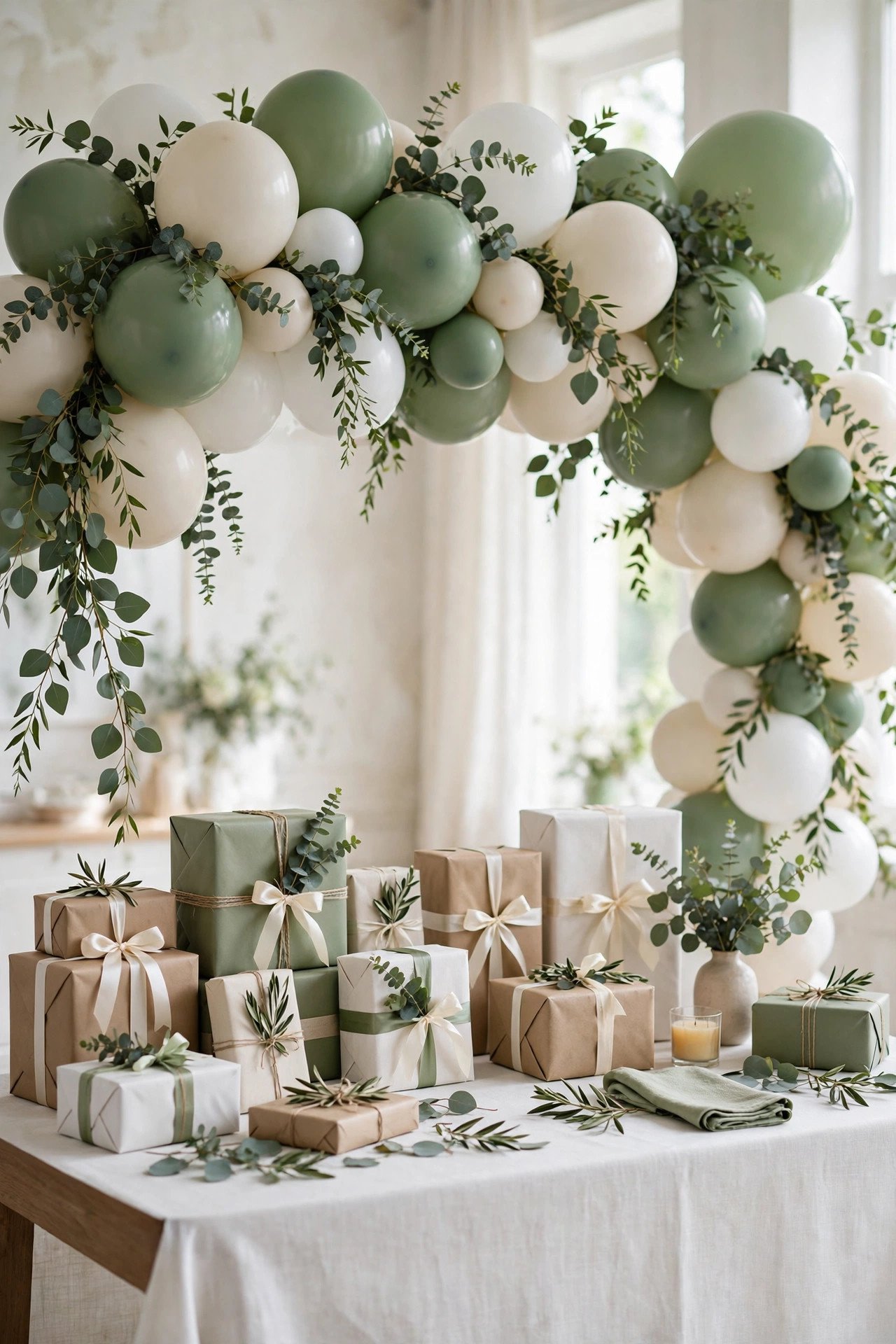 Sage, cream and white balloon garland behind a bridal shower gift table