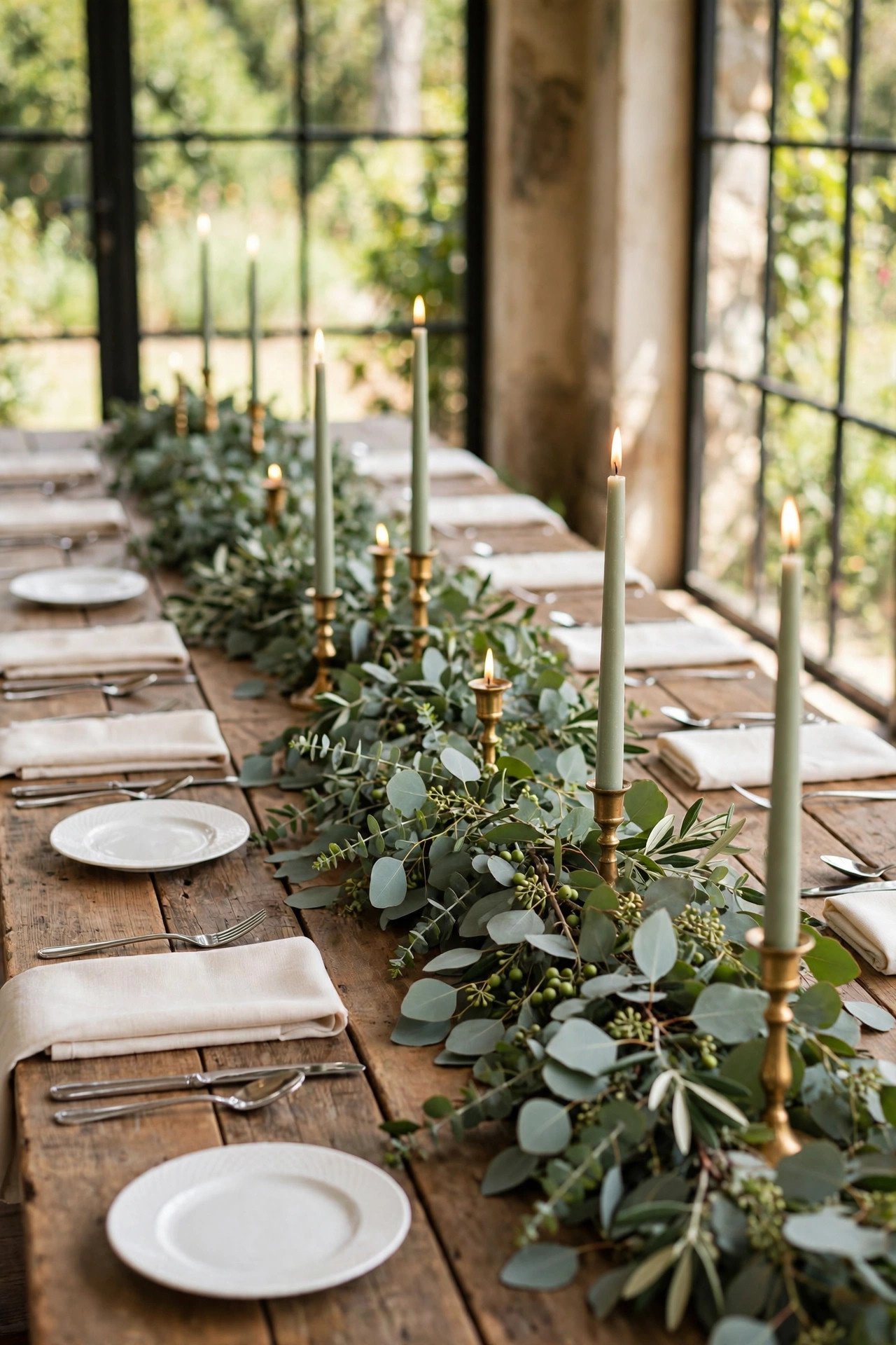 Long bridal shower table with a lush eucalyptus garland runner and candles