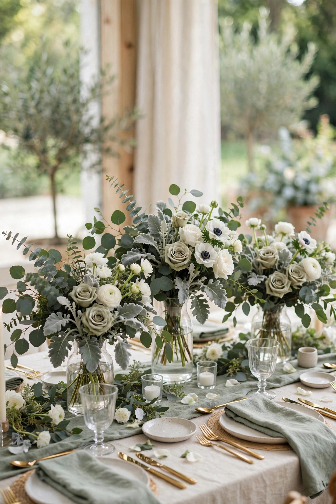 Sage-toned floral centerpieces with eucalyptus and white roses in glass vases
