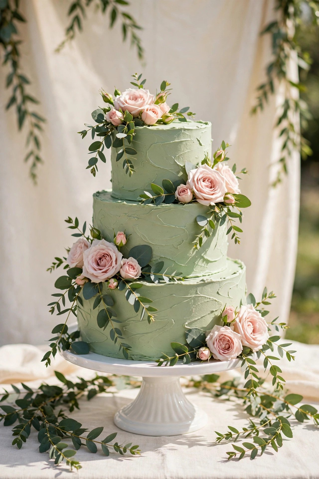 Sage green bridal shower cake decorated with fresh flowers and greenery
