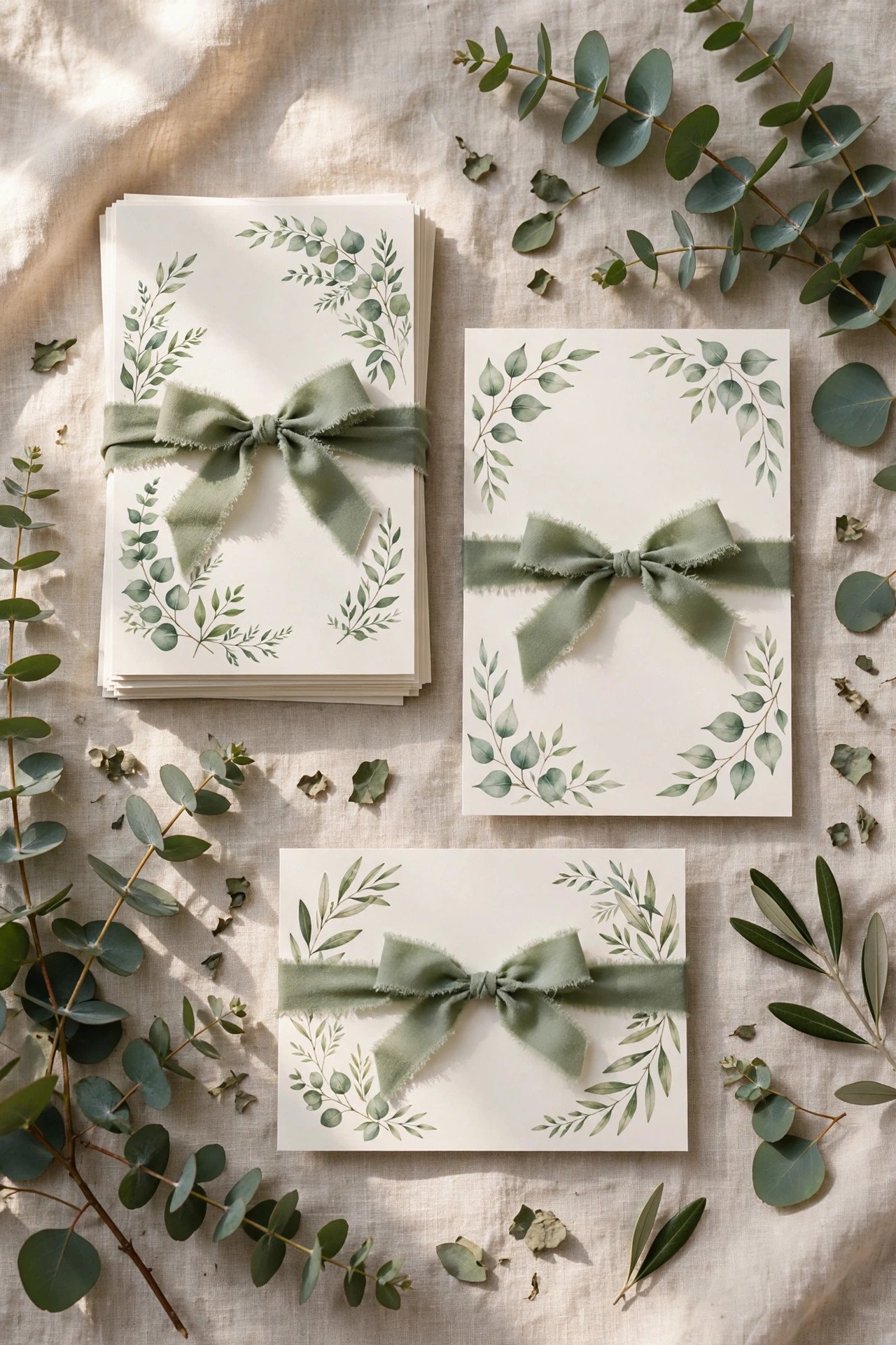 Sage green bridal shower stationery suite flat lay with envelopes and wax seal