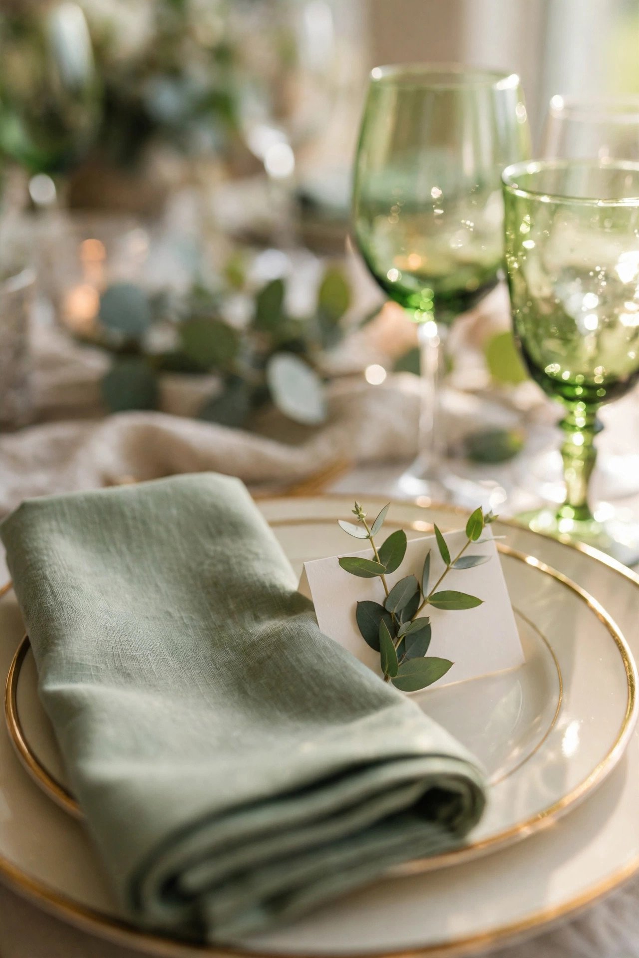 Bridal shower table setting with sage napkins and tinted green glassware