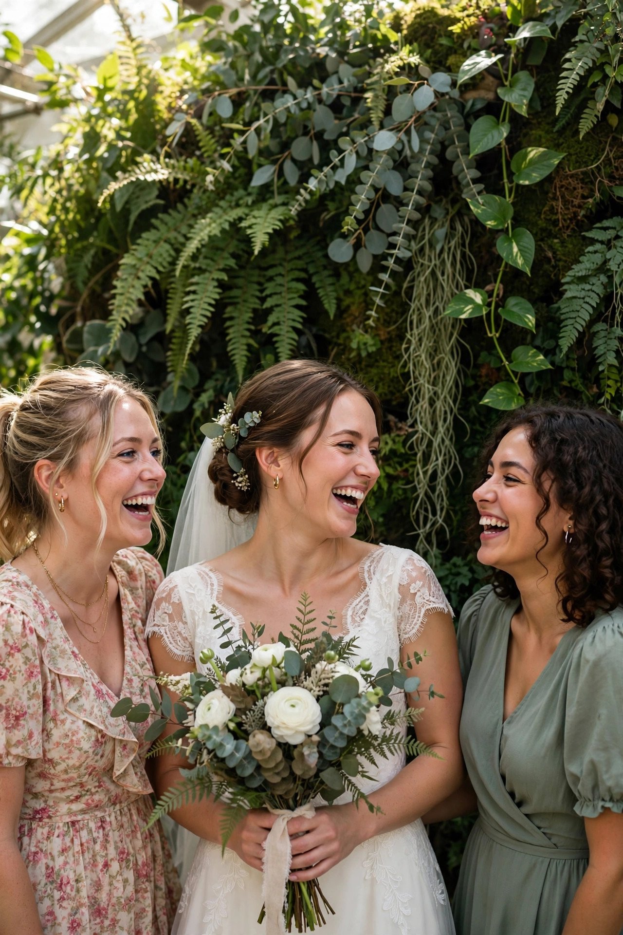 Lush greenery wall photo backdrop with a bride-to-be sign at a bridal shower