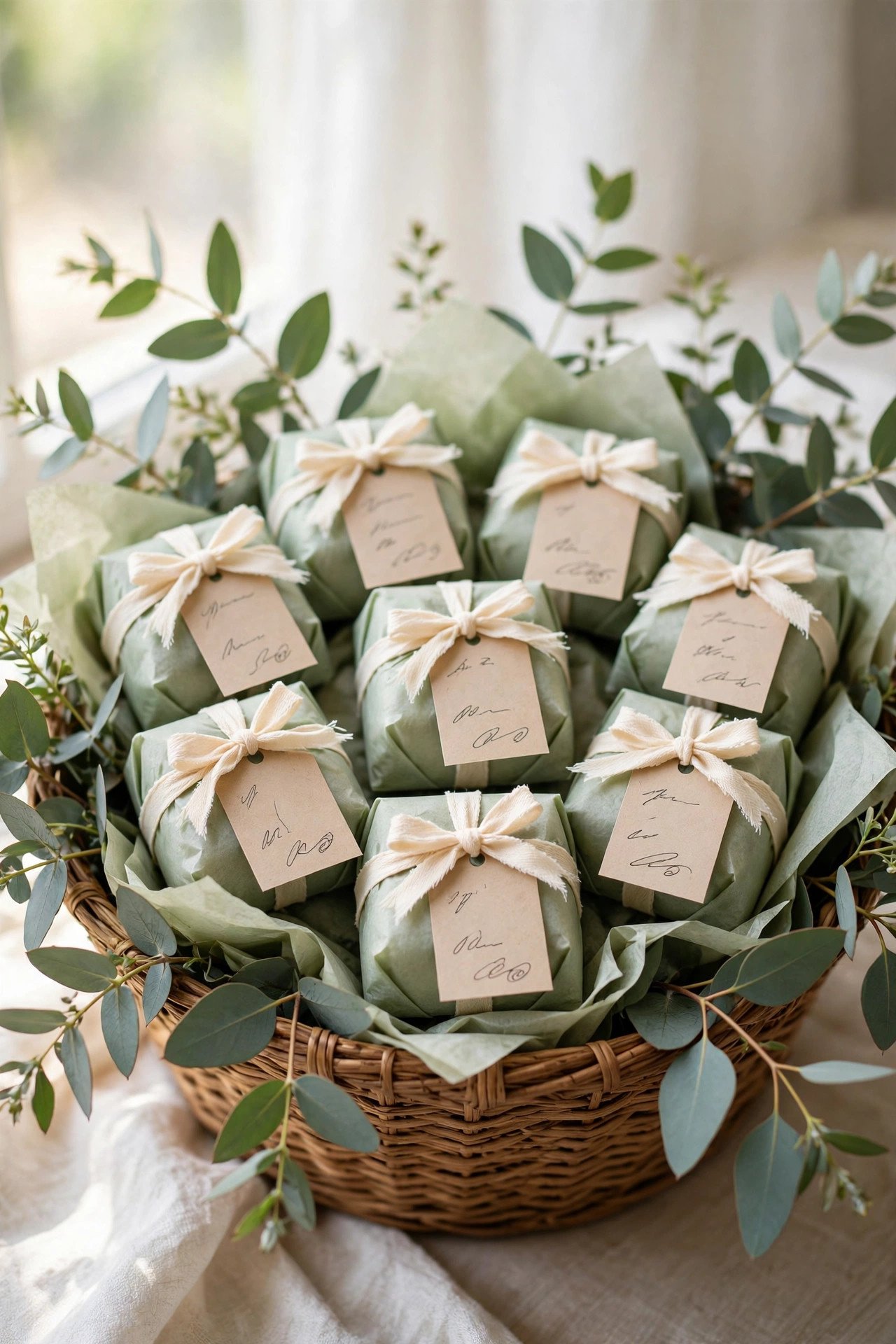 Sage-wrapped bridal shower favors with personalized tags and eucalyptus sprigs