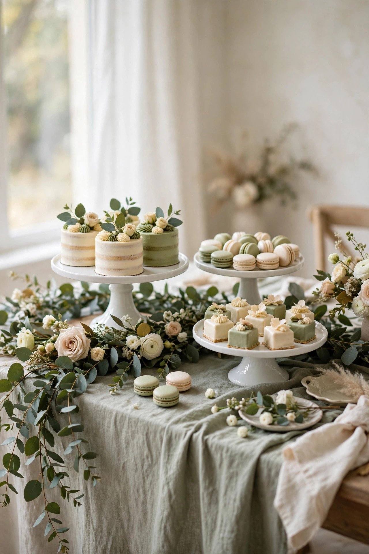 Dessert table styled in sage and cream tones with macarons and a small cake
