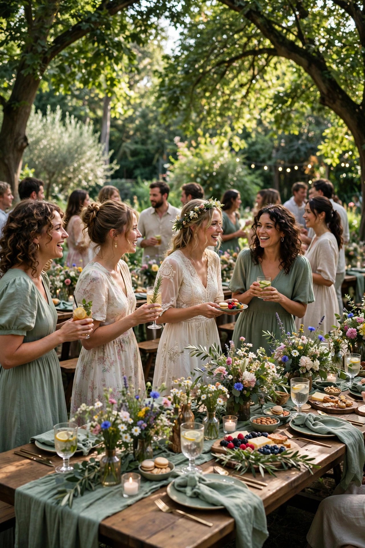 Garden bridal shower with sage green accents among lush greenery and white flowers