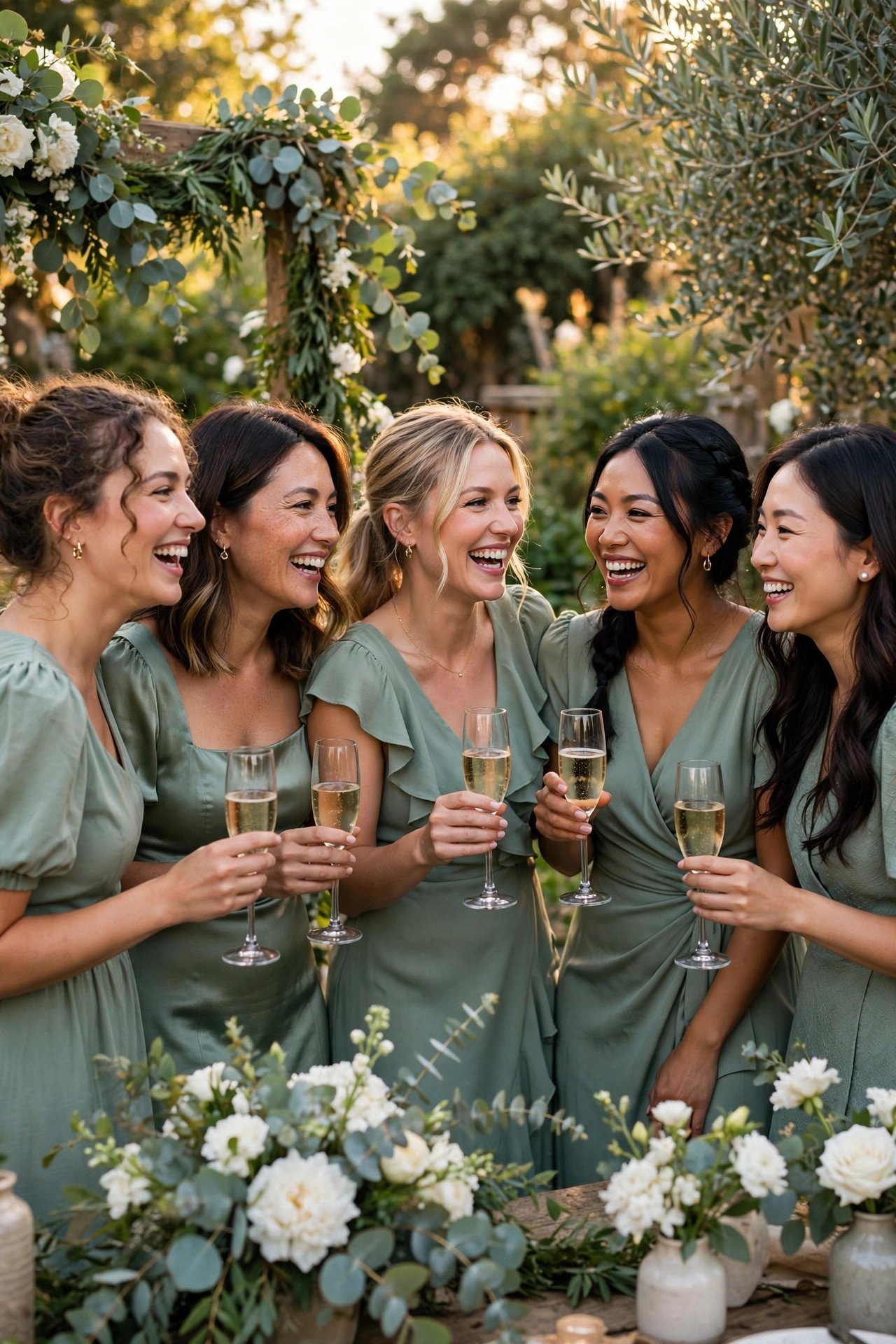 Guests in sage green dresses mingling at an elegant garden bridal shower party