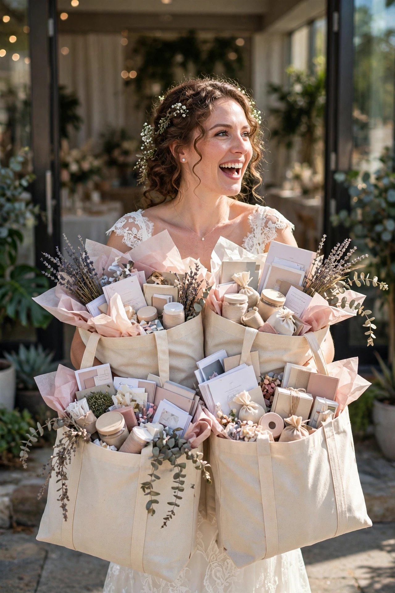 Bride holding bridal expo tote bags full of vendor samples and brochures