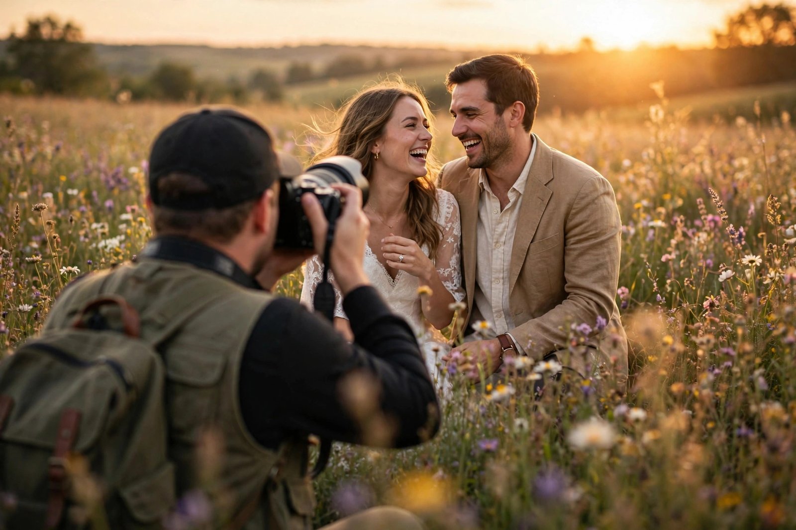 Couple laughing during a golden-hour engagement mini photo session in a field