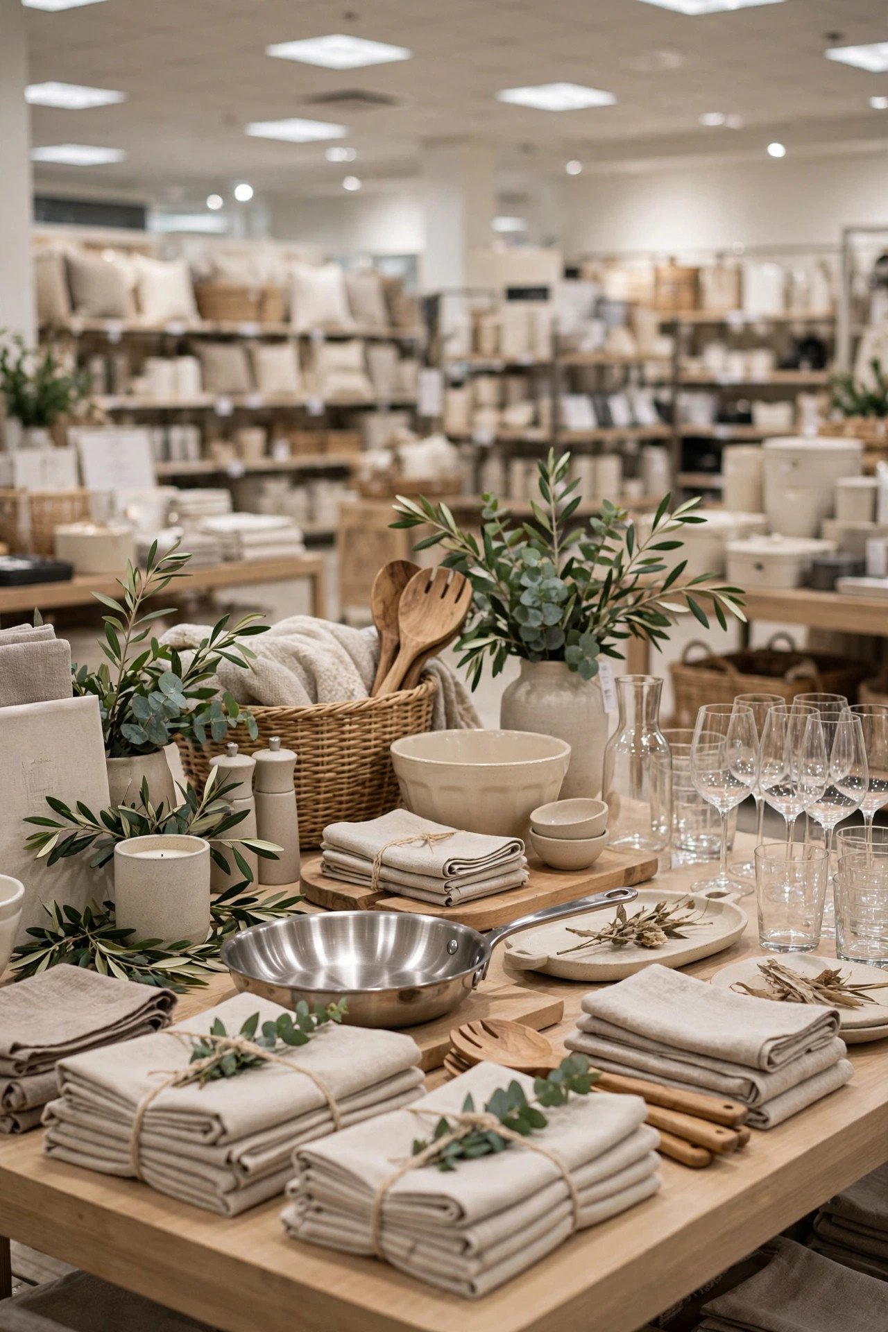 Wedding registry gifts display table with boxed home goods and a registry sign