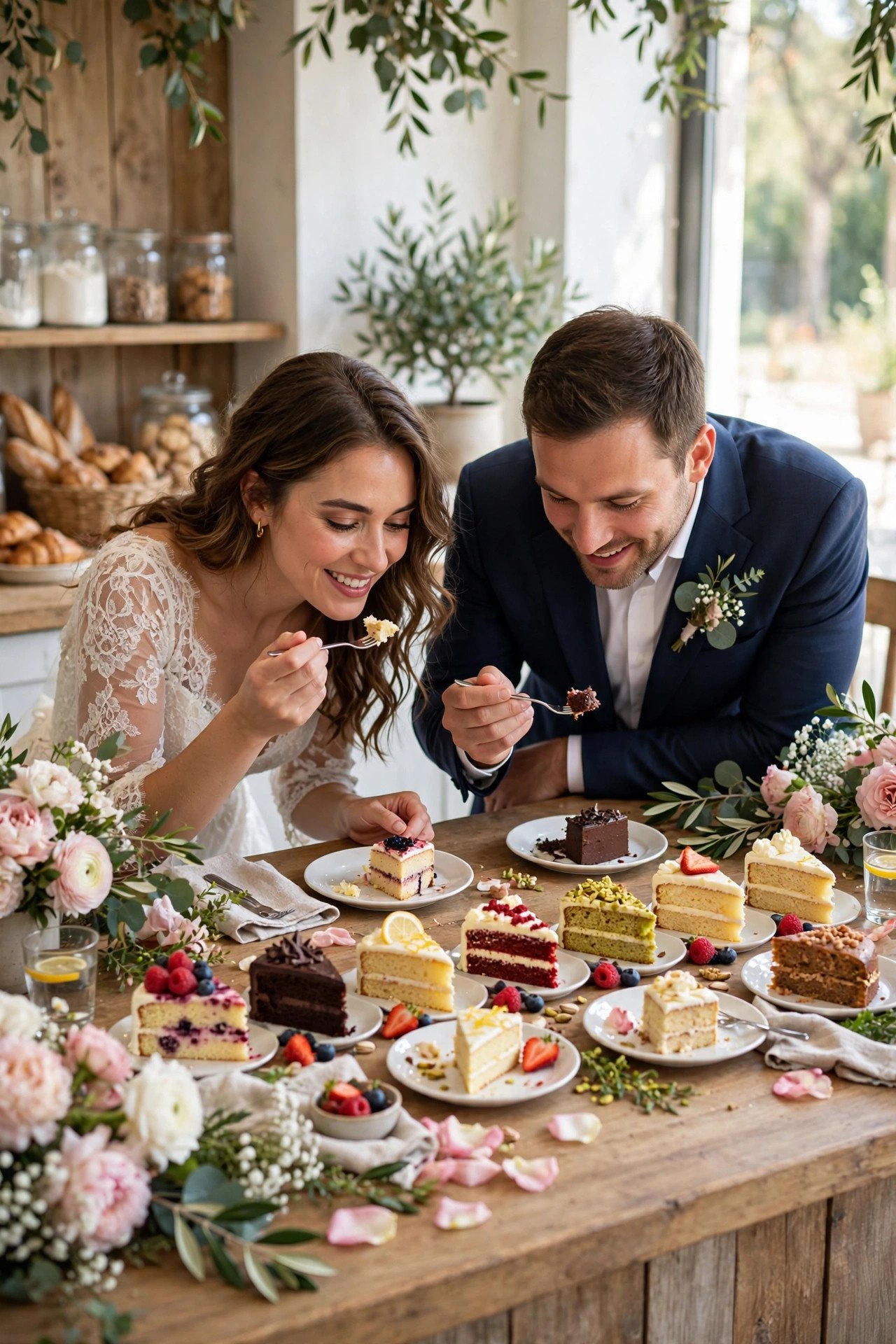 Cake tasting table with small slices of different flavored cakes on plates