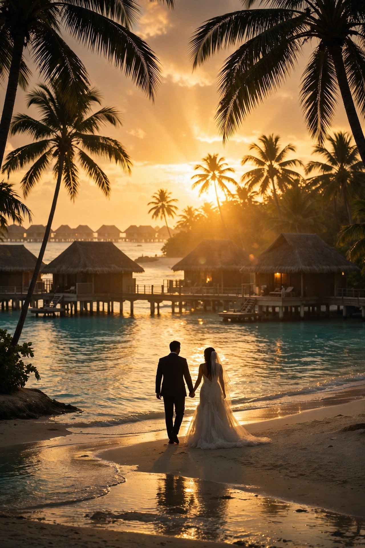 Tropical honeymoon beach resort with palm trees and turquoise water