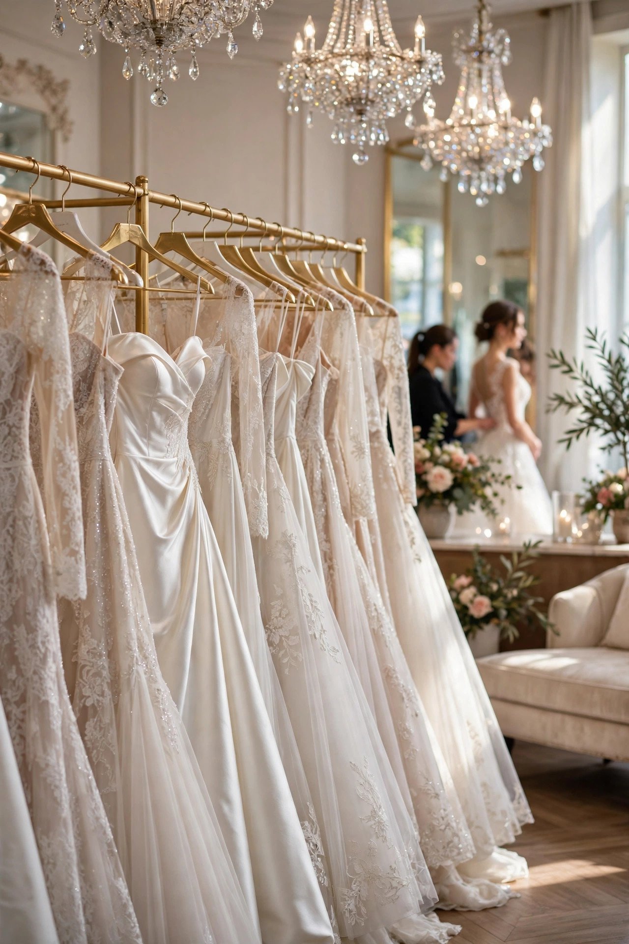 Bridal salon dress trunk show with racks of wedding gowns and a bride trying one on