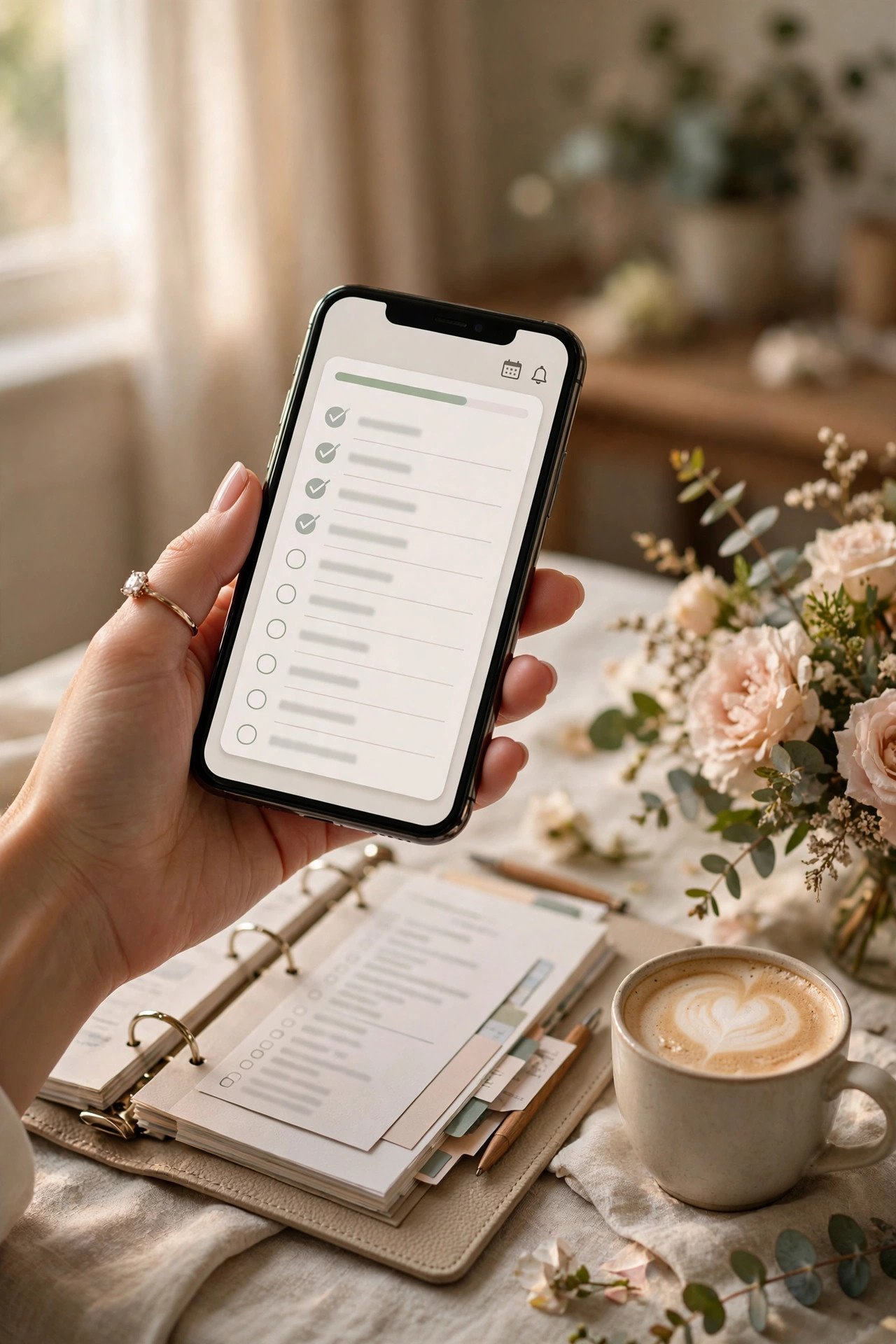 Smartphone showing a wedding planning app with checklist and budget screens