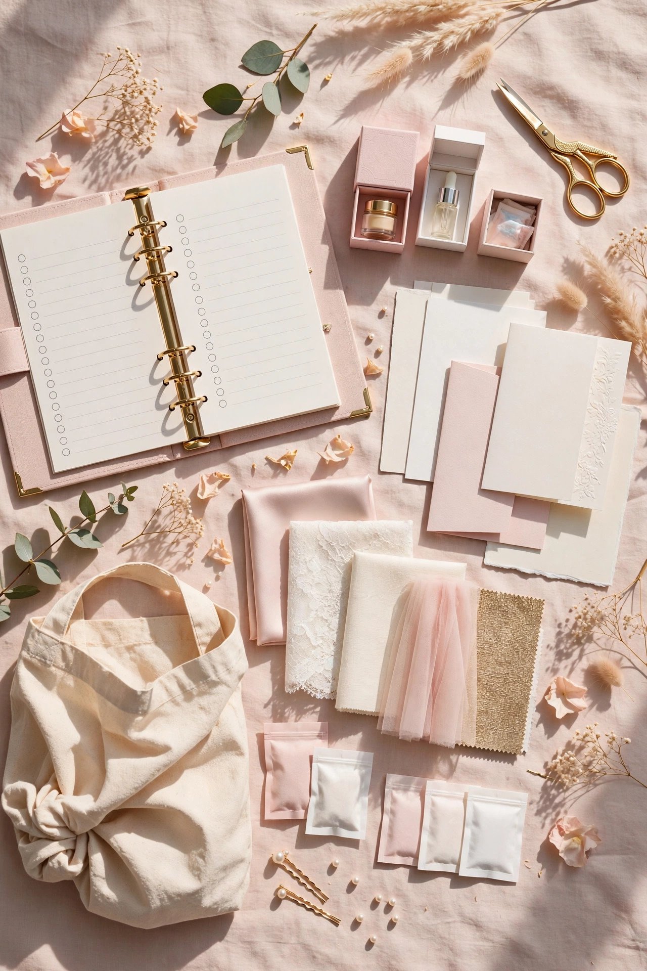 Bride happily opening wedding freebie boxes and samples on a table
