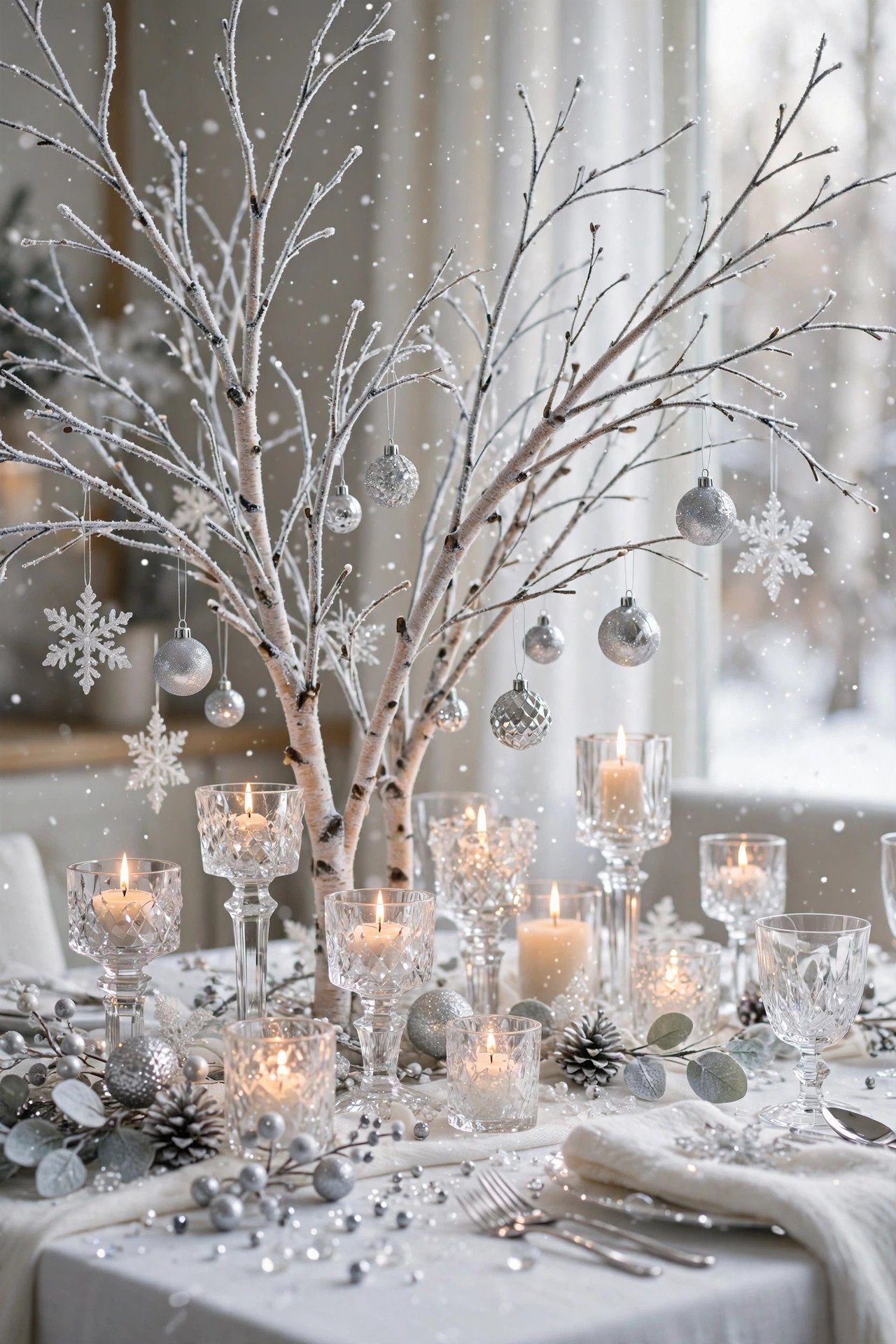 White and silver winter wonderland bridal shower decor with frosted branches