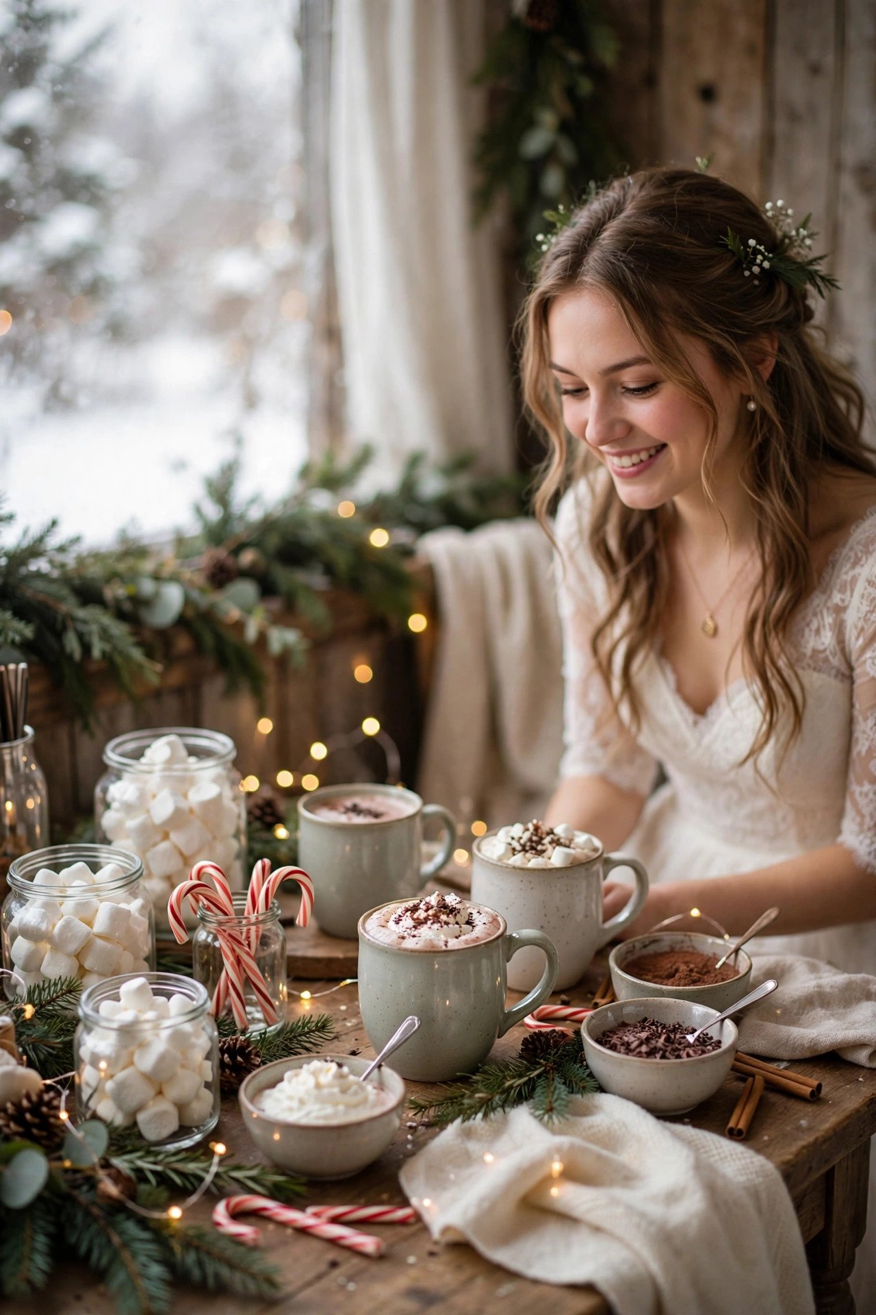 Hot cocoa bar with toppings, marshmallows and mugs at a winter bridal shower