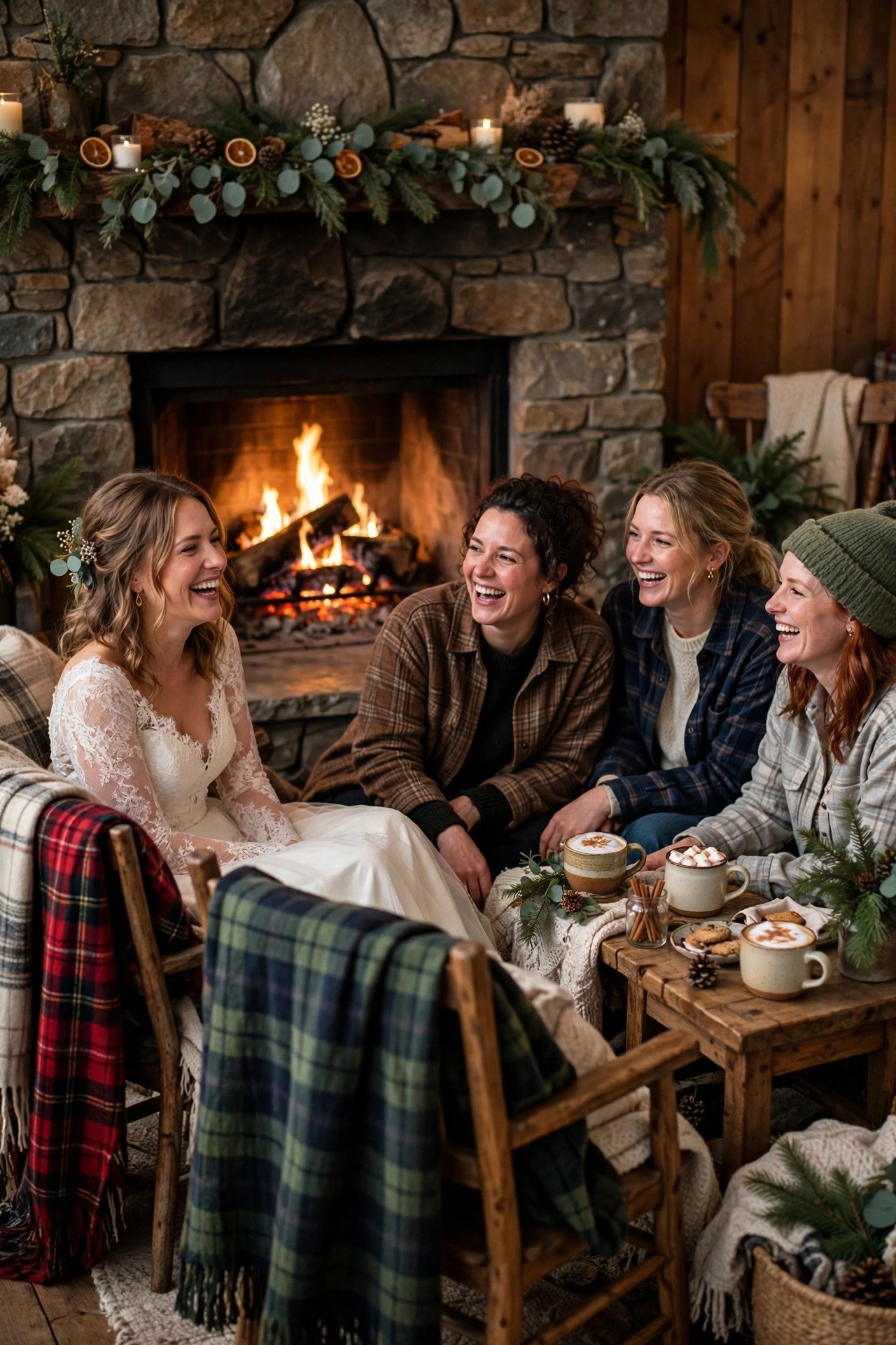 Cozy flannel and fireplace lounge setup with plaid blankets at a bridal shower