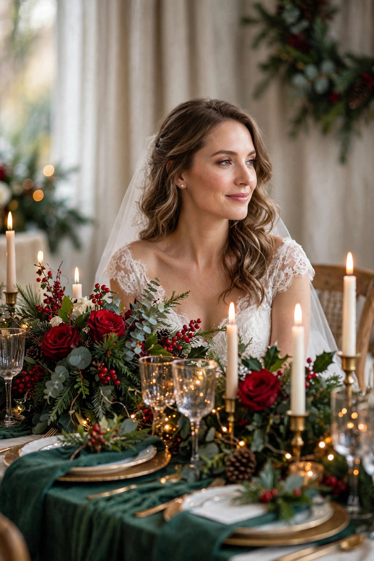Gold and emerald holiday glam bridal shower tablescape with candles