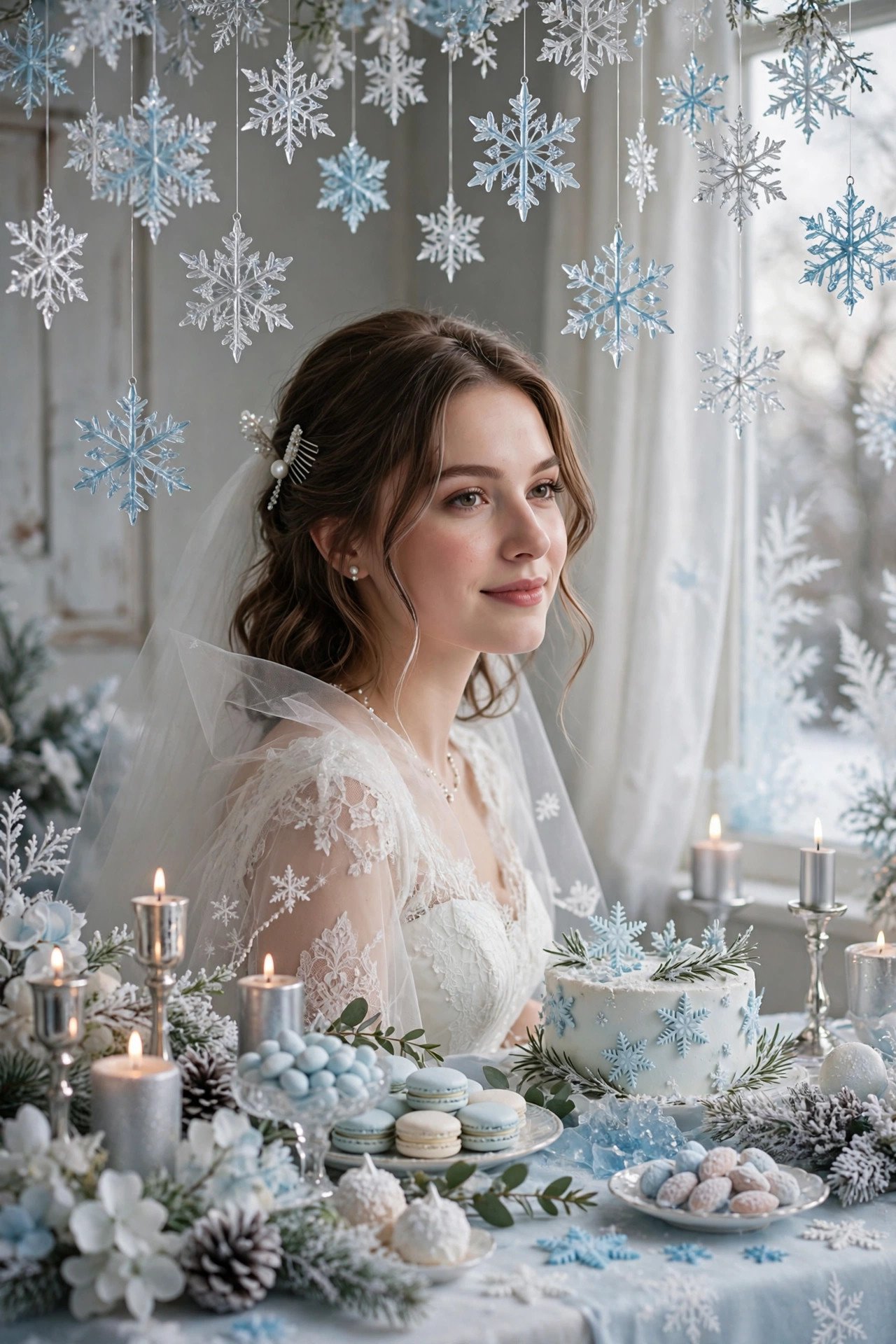 Snowflake decorations in icy blue and white hanging at a bridal shower