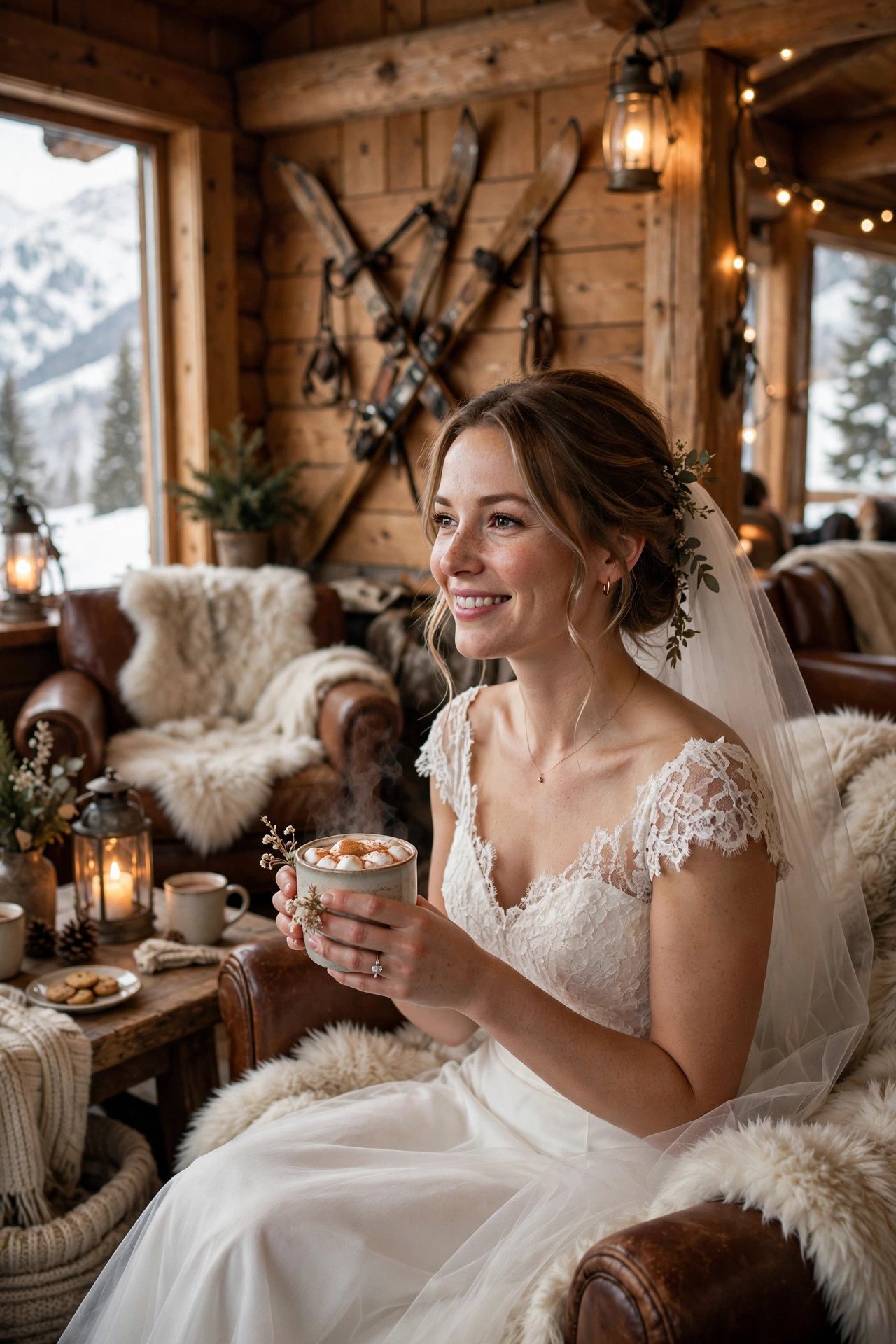 Ski lodge style bridal shower lounge with faux fur throws and wooden skis