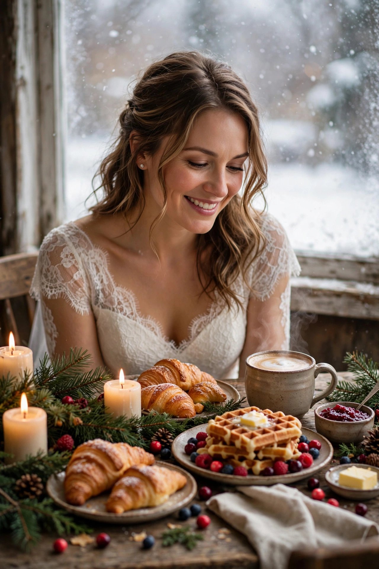 Cozy winter brunch table with candles, pastries and warm dishes at a bridal shower
