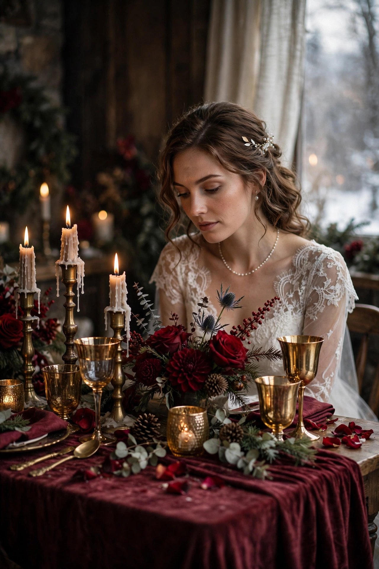 Burgundy velvet and candlelit dinner table at a romantic winter bridal shower