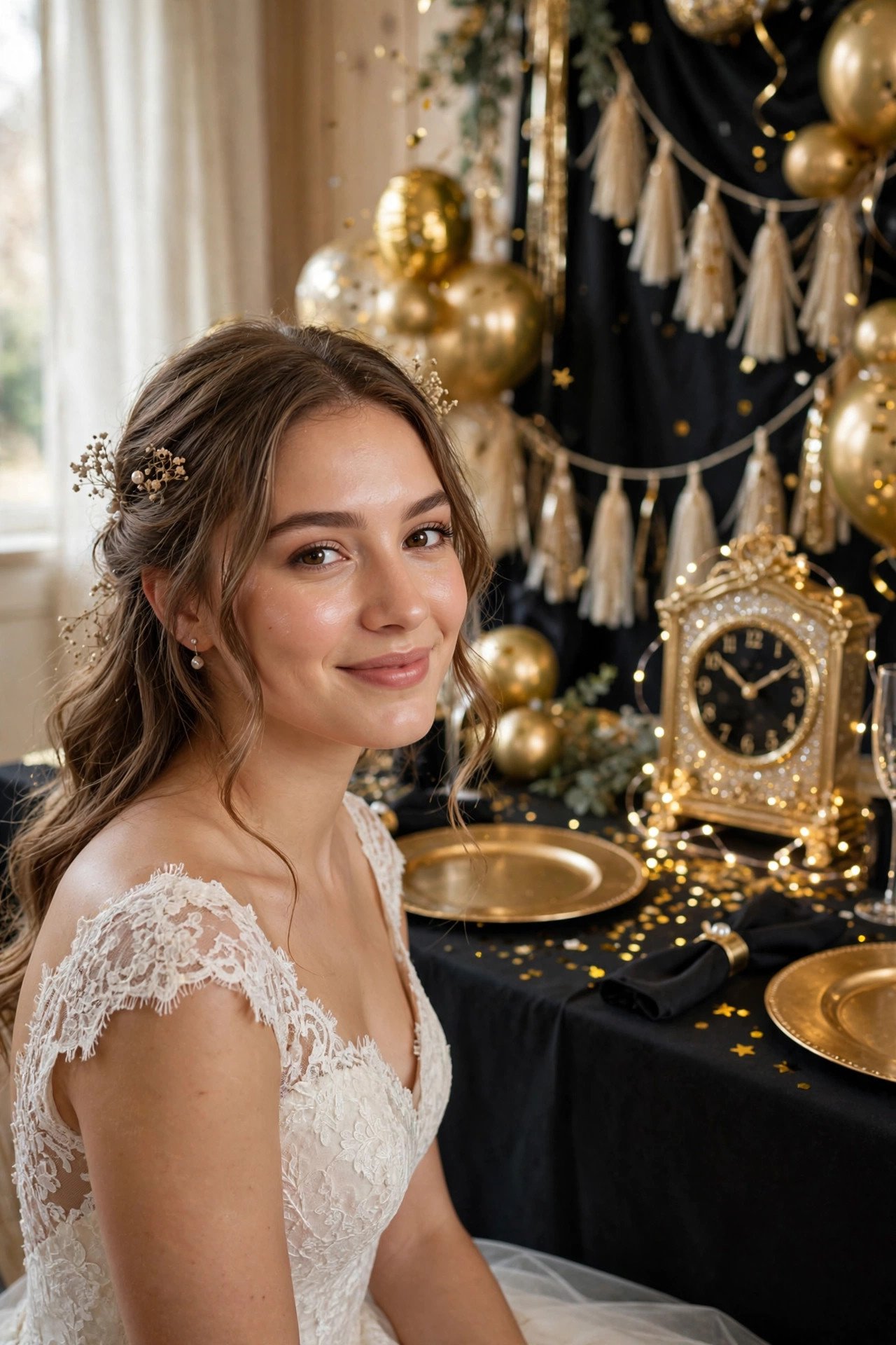 Black and gold New Year themed bridal shower decor with clocks and confetti